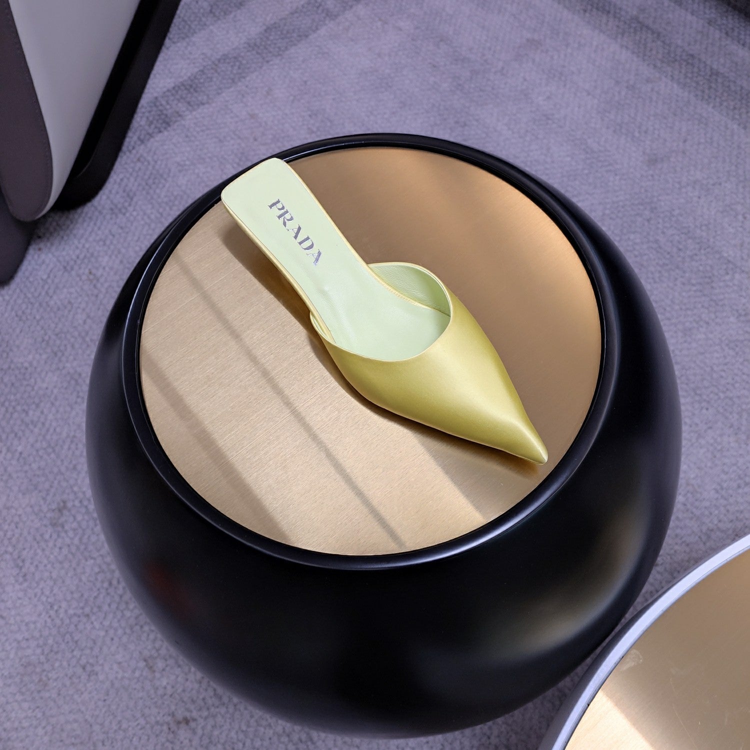 PRADA 26S POINTED TOE MULES 40MM IN LIME YELLOW SATIN
