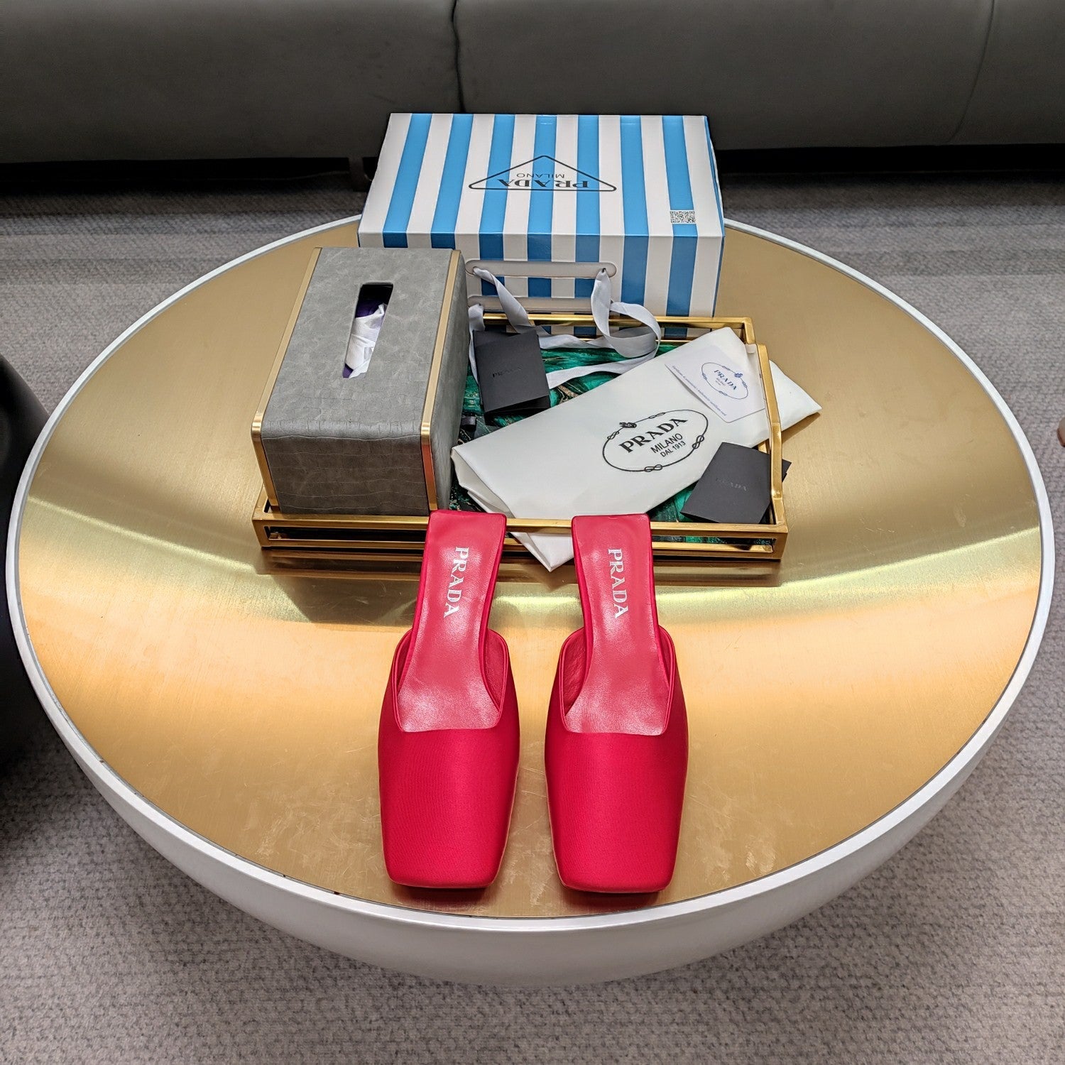 PRADA 26S SQUARE TOE MULES 40MM IN DARK RED SATIN