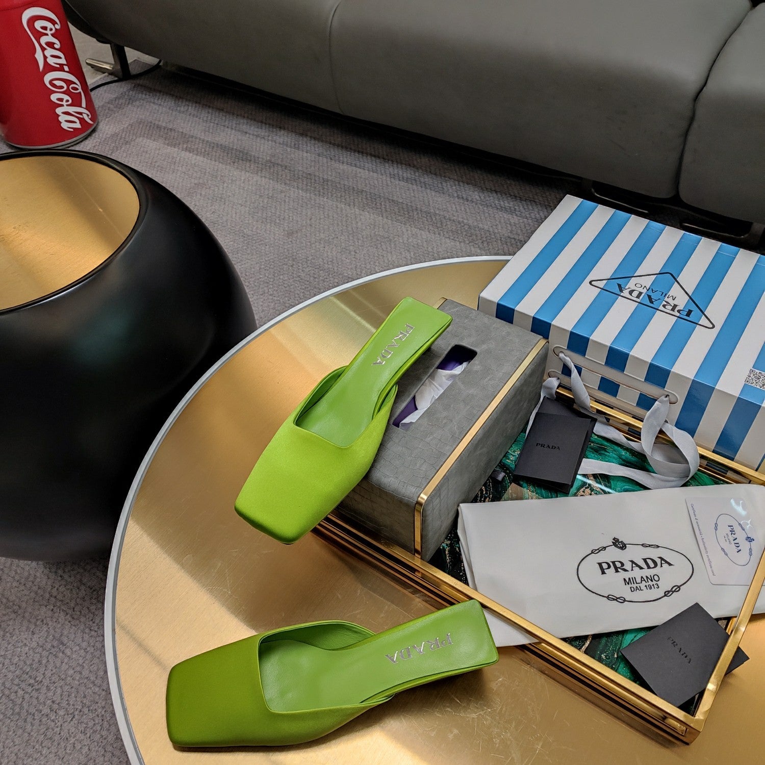 PRADA 26S SQUARE TOE MULES 40MM IN GREEN SATIN