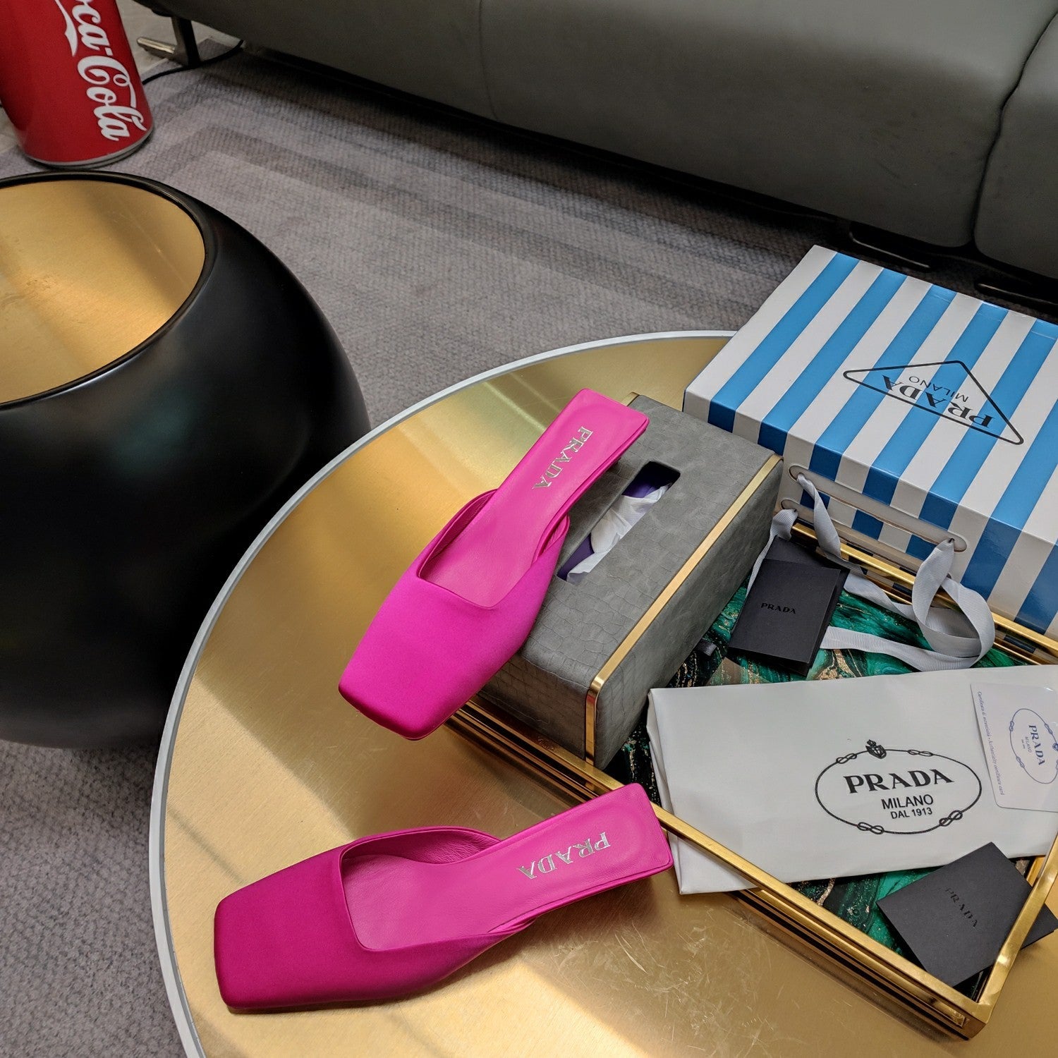 PRADA 26S SQUARE TOE MULES 40MM IN HOT PINK SATIN