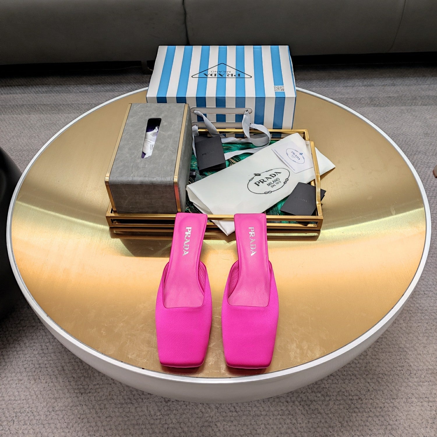 PRADA 26S SQUARE TOE MULES 40MM IN HOT PINK SATIN