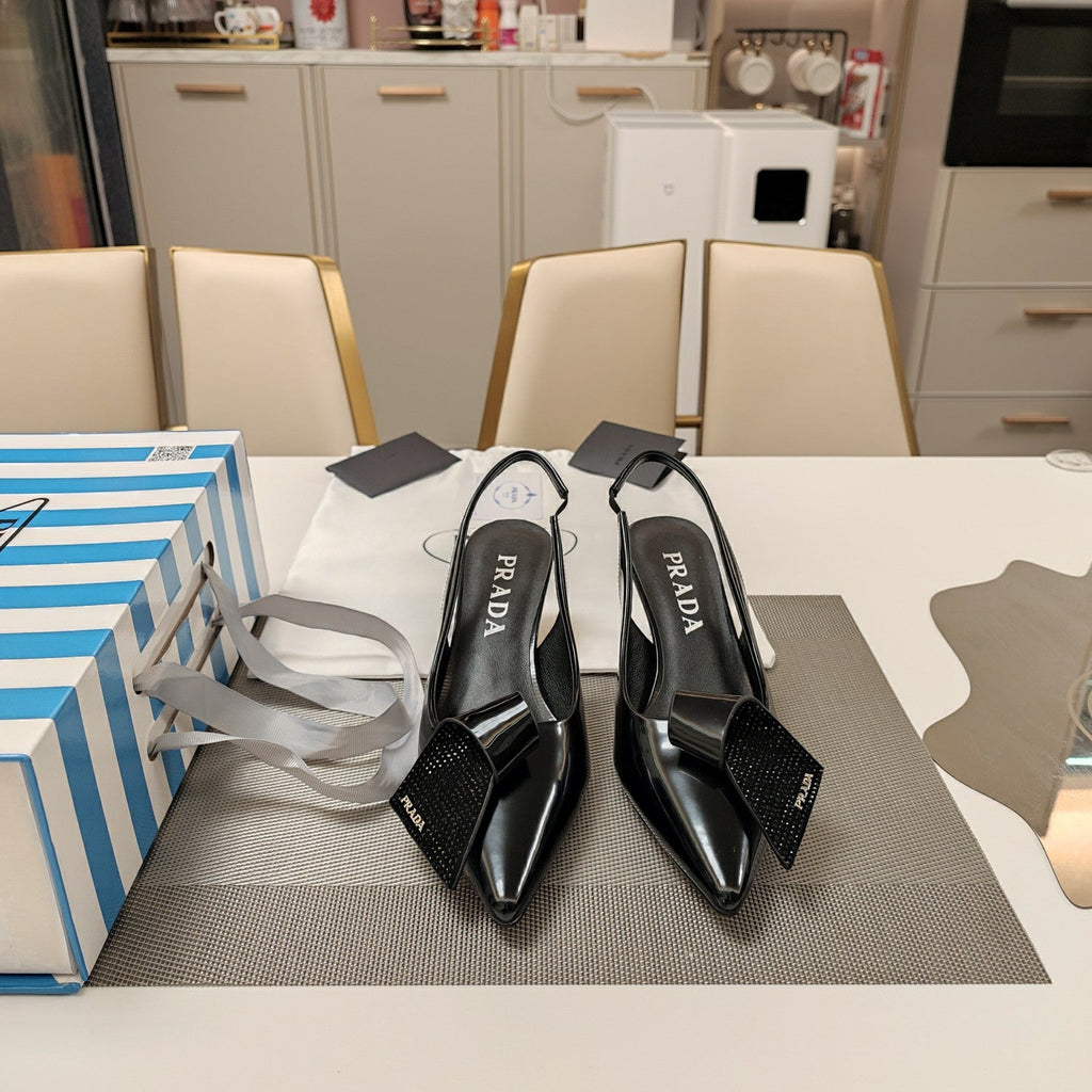 PRADA 26S POINTED TOE SLINGBACK PUMPS 50MM IN BLACK SMOOTH CALFSKIN WITH CRYSTAL