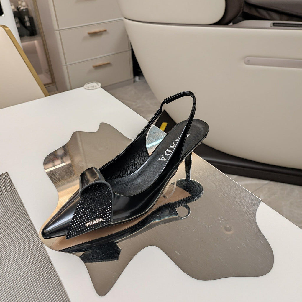 PRADA 26S POINTED TOE SLINGBACK PUMPS 50MM IN BLACK SMOOTH CALFSKIN WITH CRYSTAL