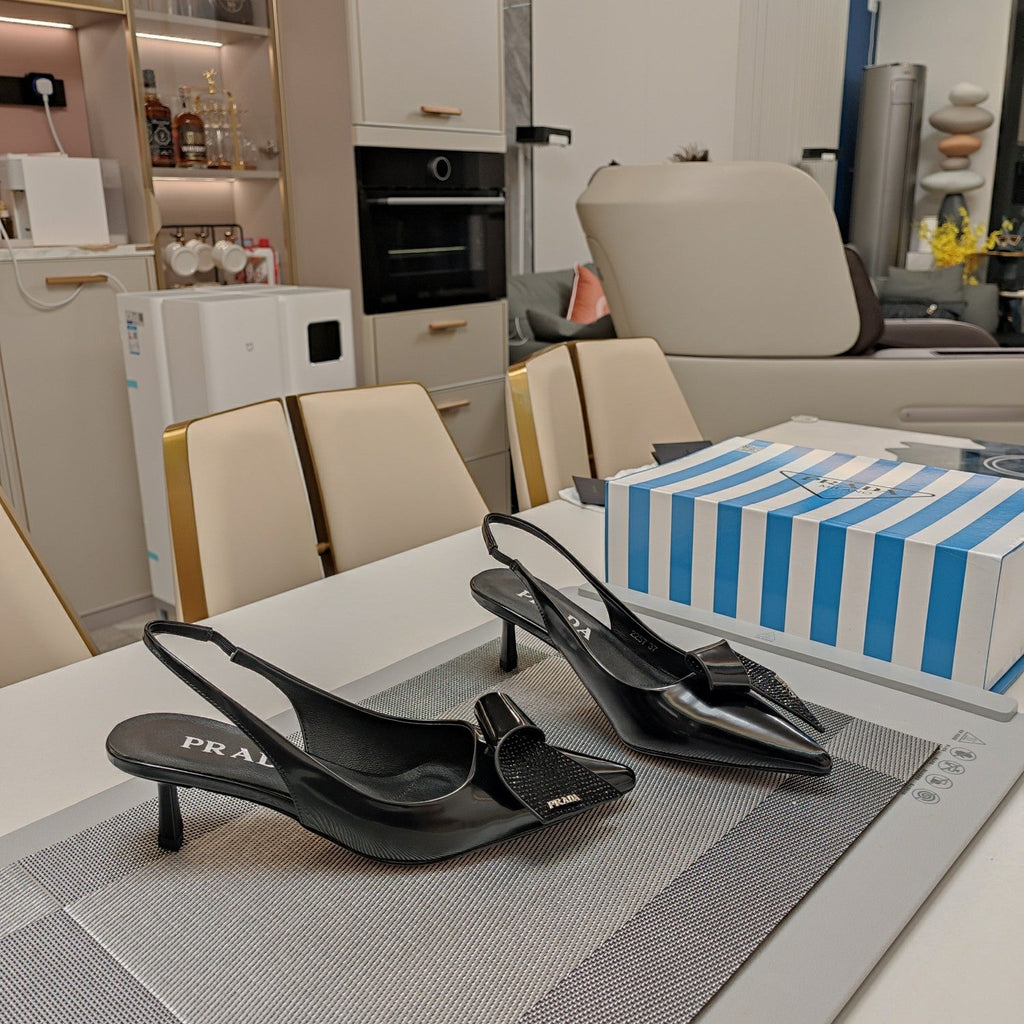 PRADA 26S POINTED TOE SLINGBACK PUMPS 50MM IN BLACK SMOOTH CALFSKIN WITH CRYSTAL