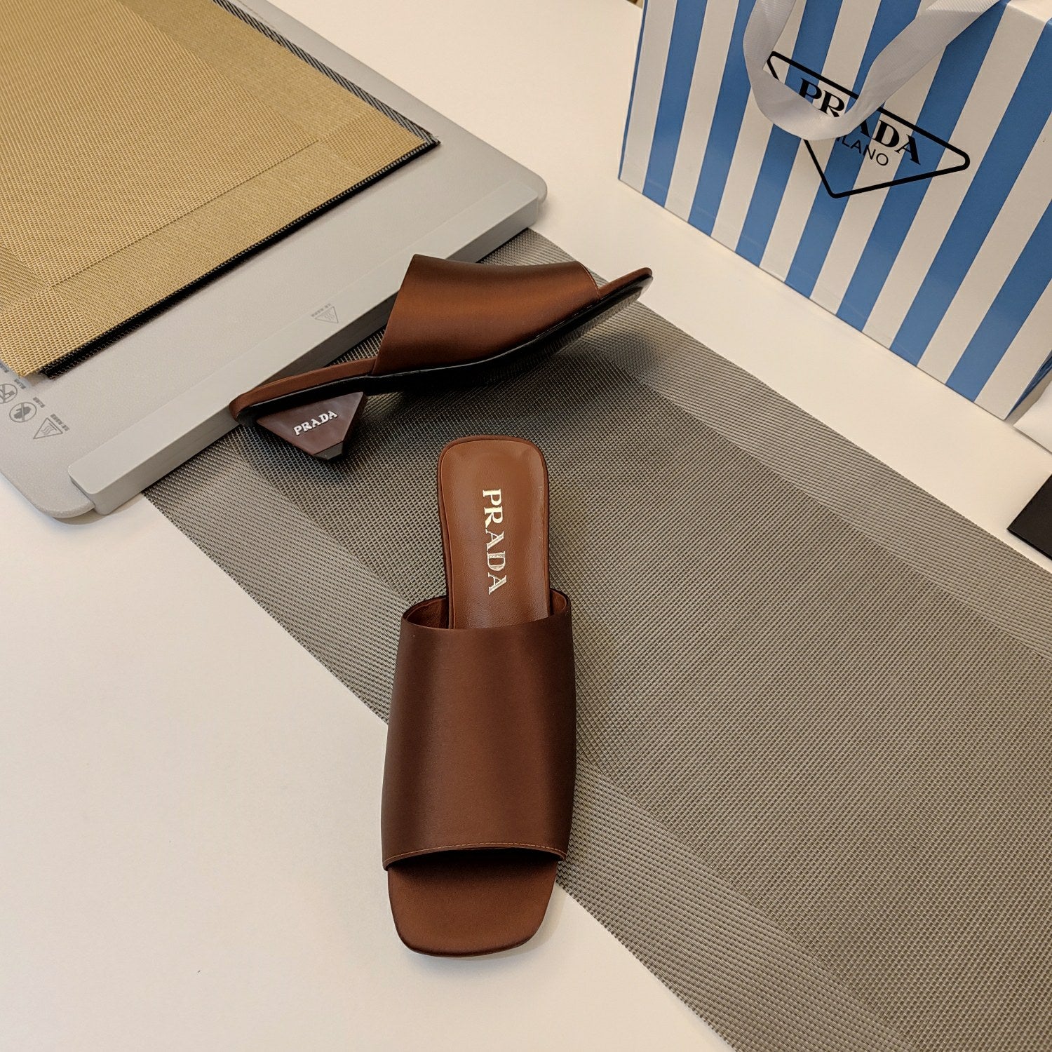 PRADA 26S TRIANGLE HEEL SANDALS 40MM IN BROWN SATIN