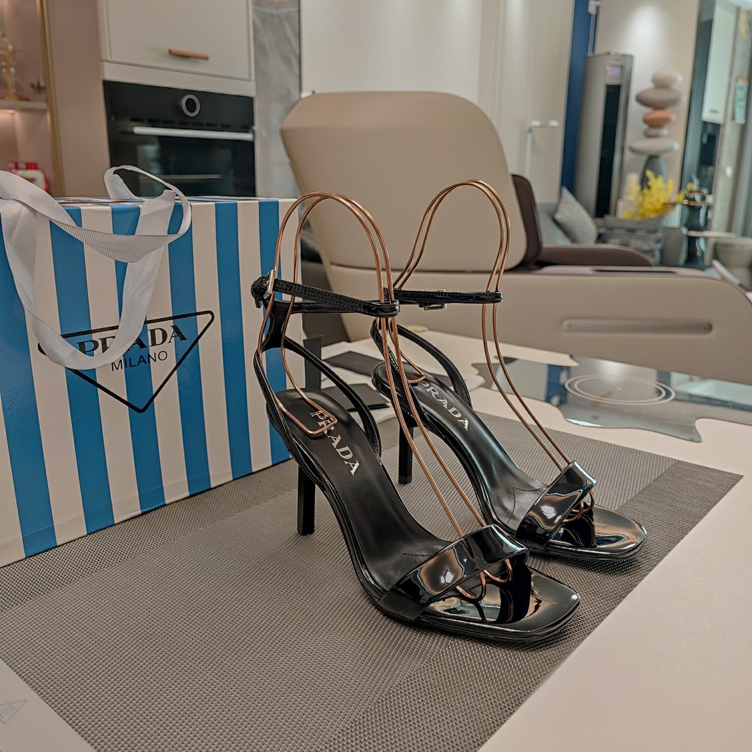 PRADA 26S ANKLE STRAP STILETTO SANDALS 90MM IN BLACK CALFSKIN