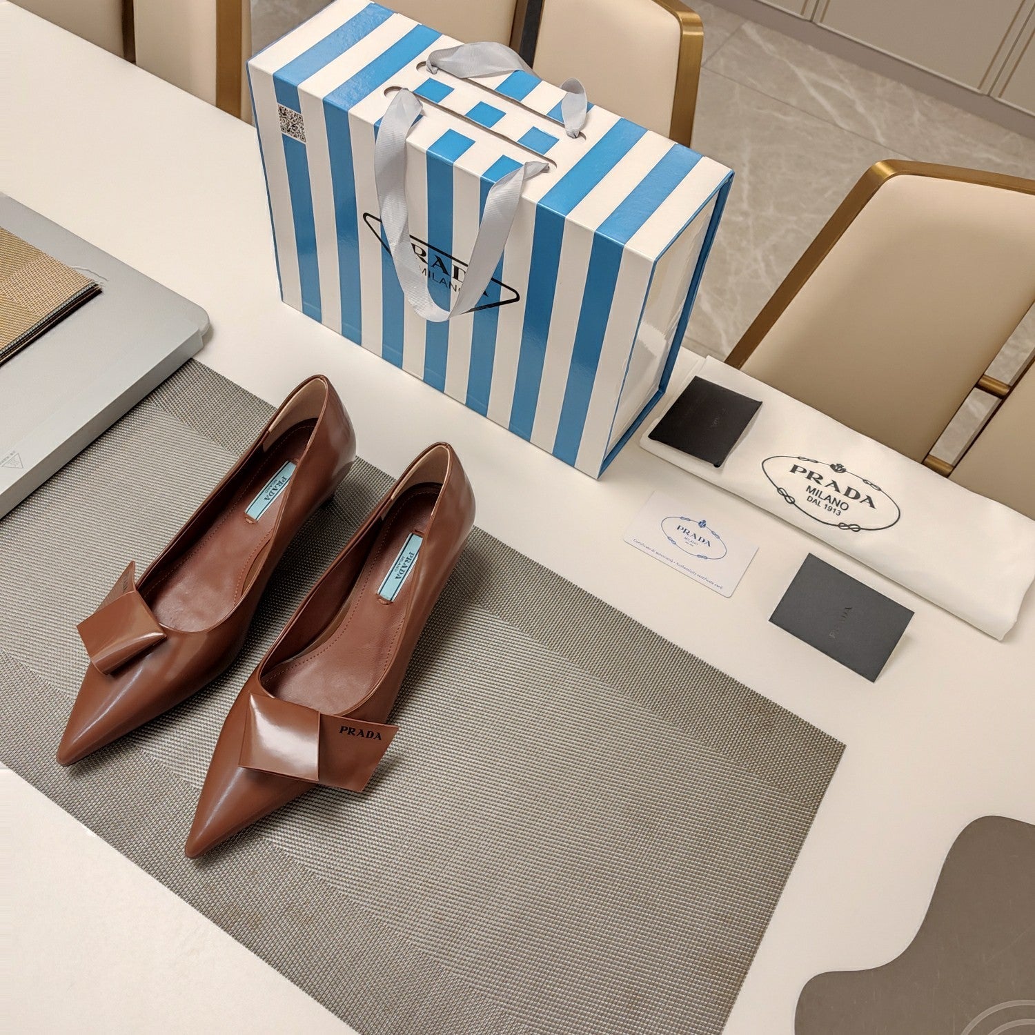 PRADA 26S POINTED TOE PUMPS 45MM IN CARAMEL BROWN CALFSKIN