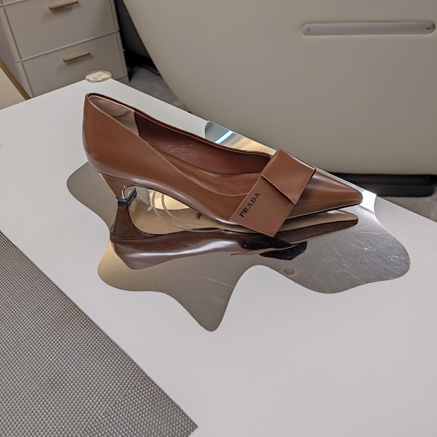 PRADA 26S POINTED TOE PUMPS 45MM IN CARAMEL BROWN CALFSKIN