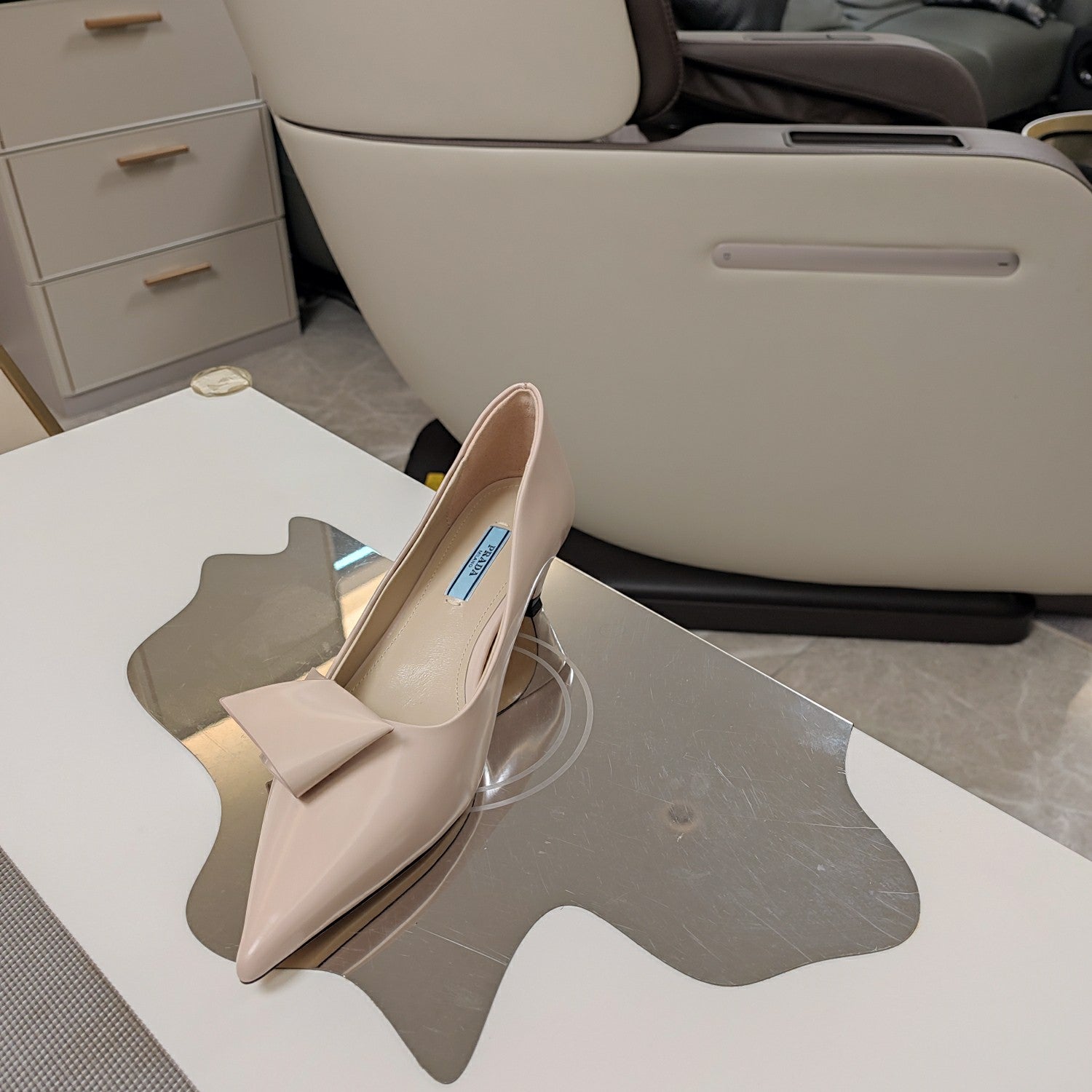 PRADA 26S POINTED TOE PUMPS 45MM IN BEIGE CALFSKIN