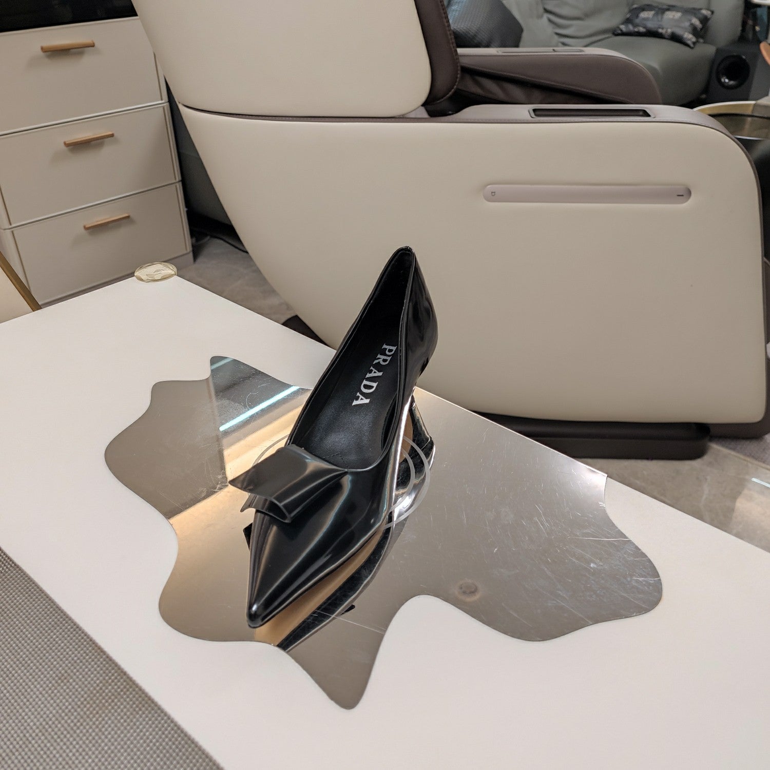PRADA 26S POINTED TOE PUMPS 45MM IN BLACK CALFSKIN