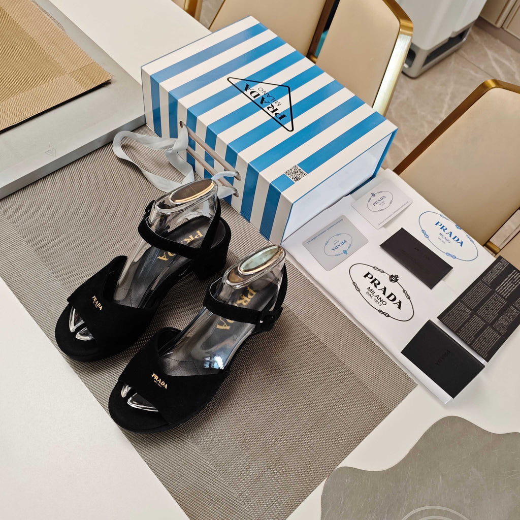 PRADA 26S HEELED SANDALS 65MM IN BLACK SUEDE