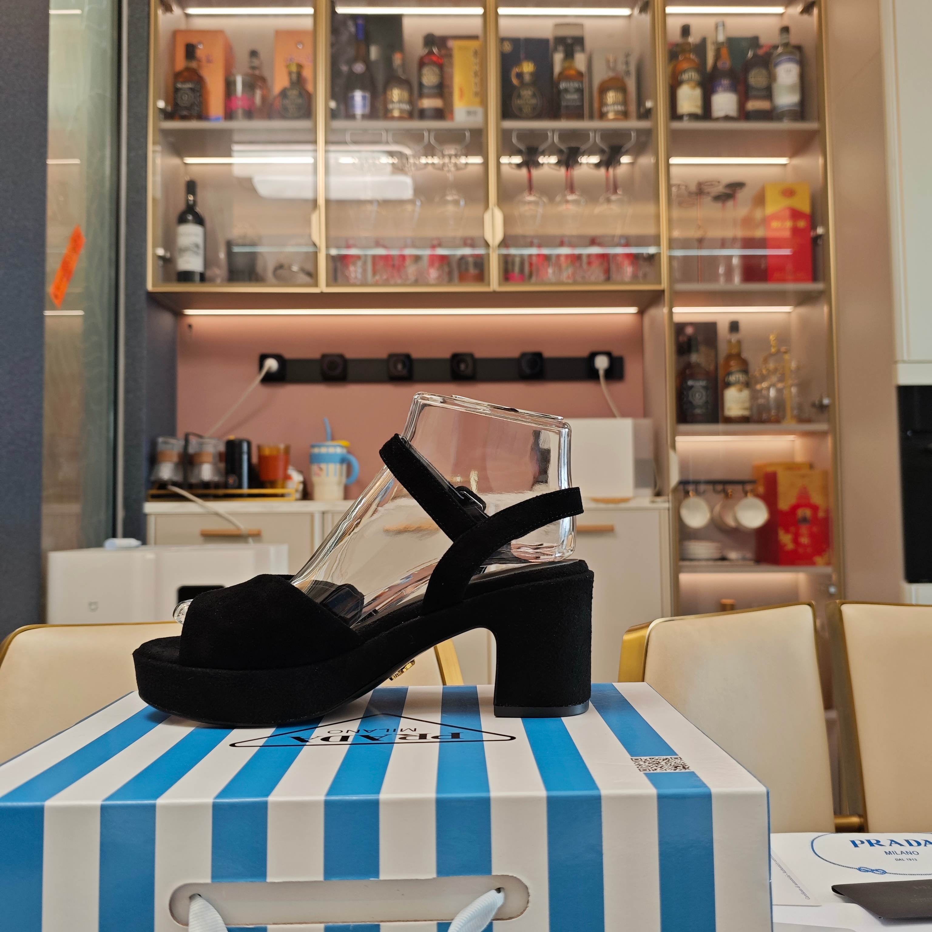 PRADA 26S HEELED SANDALS 65MM IN BLACK SUEDE