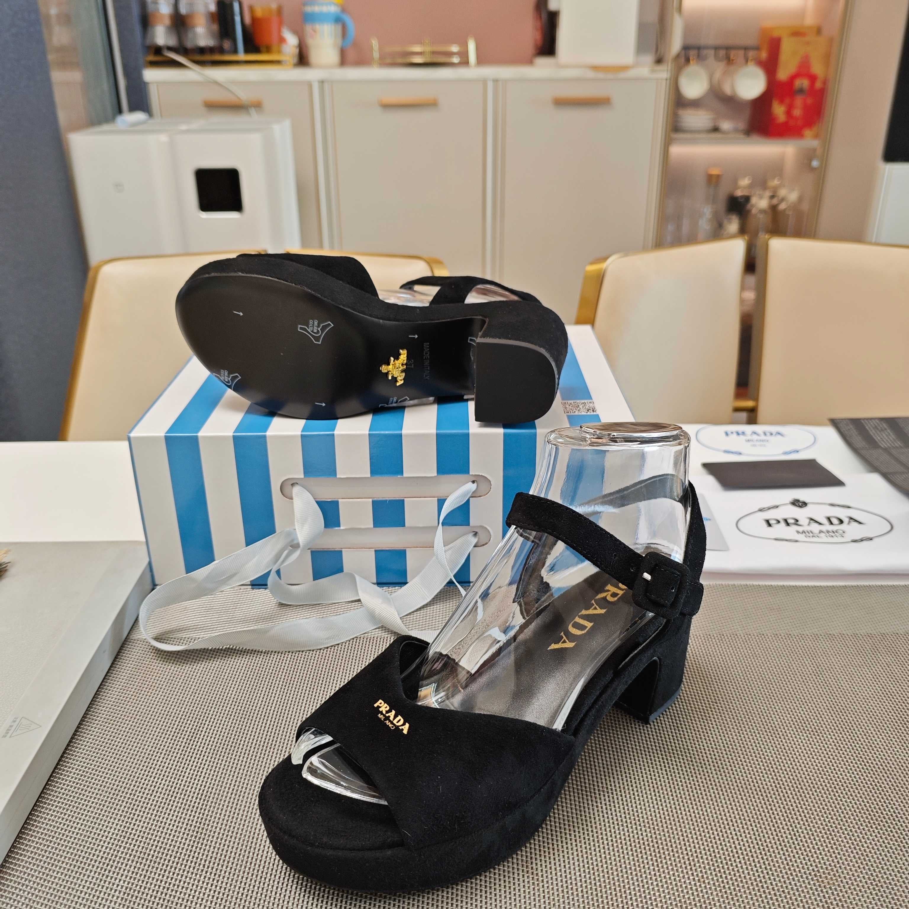 PRADA 26S HEELED SANDALS 65MM IN BLACK SUEDE