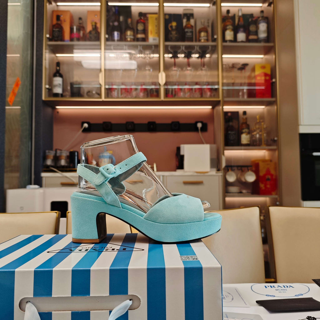 PRADA 26S HEELED SANDALS 65MM IN DUSTY TEAL BLUE SUEDE