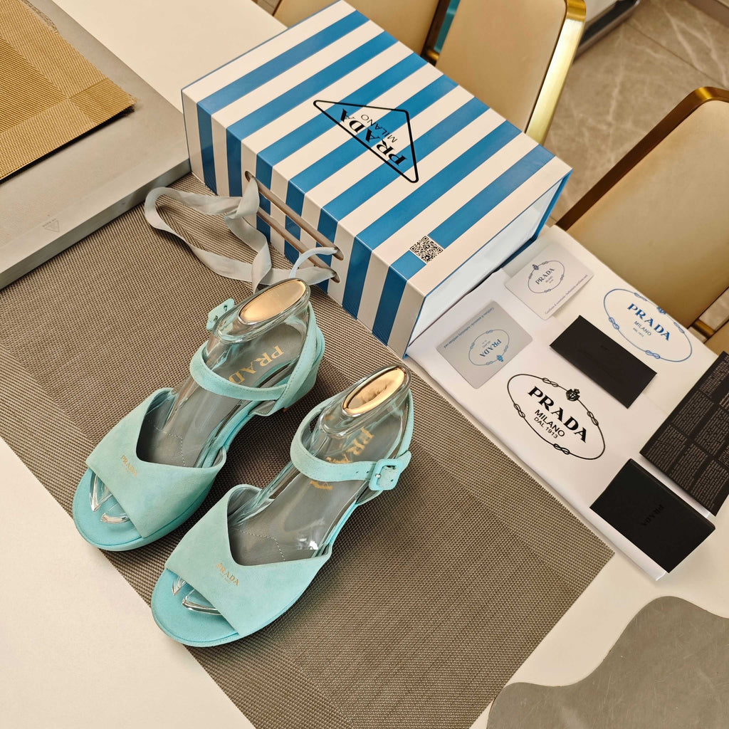PRADA 26S HEELED SANDALS 65MM IN DUSTY TEAL BLUE SUEDE