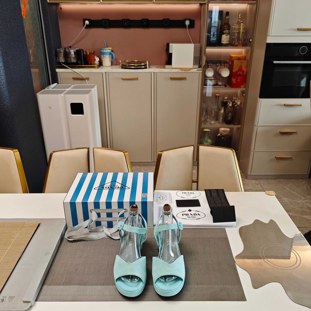 PRADA 26S HEELED SANDALS 65MM IN DUSTY TEAL BLUE SUEDE