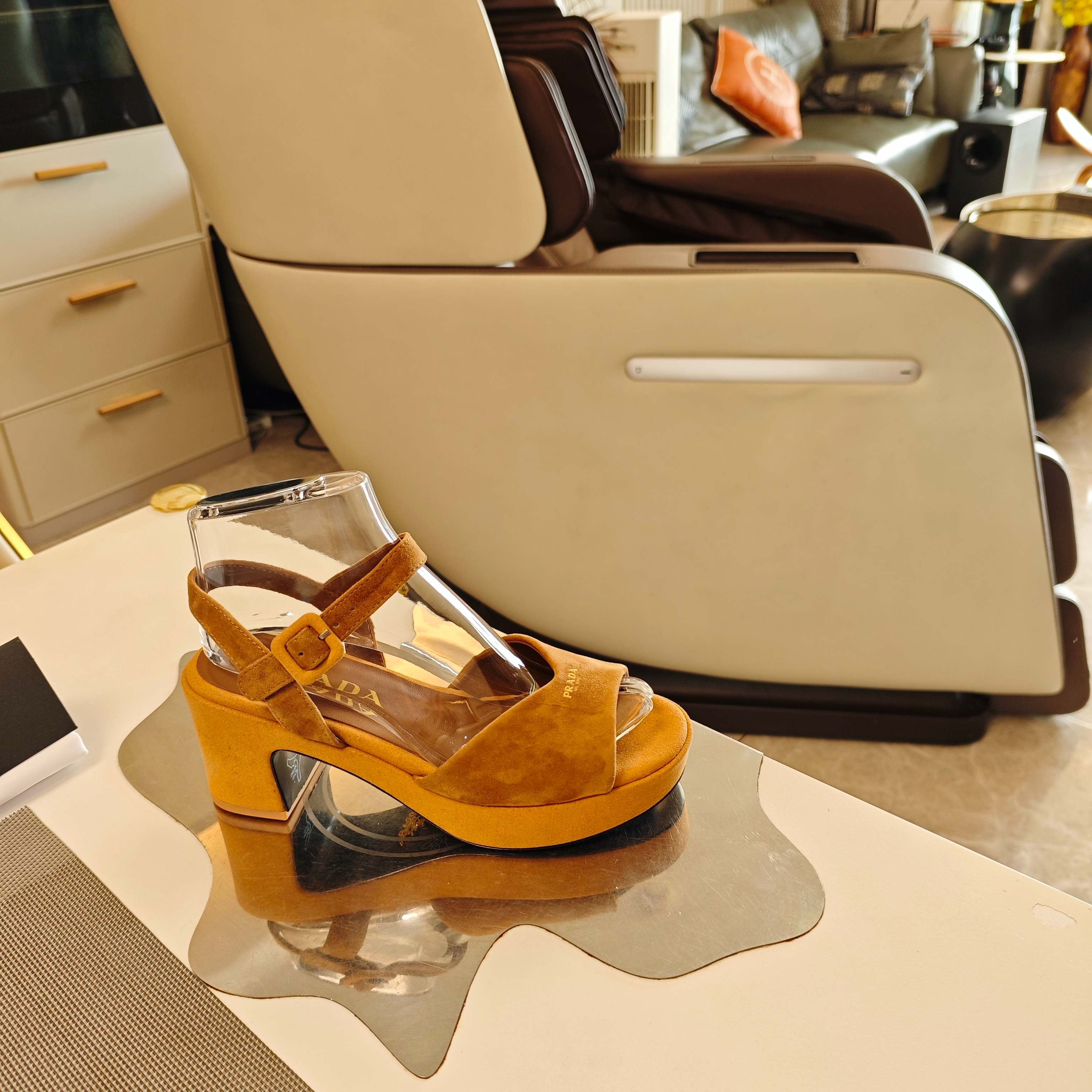 PRADA 26S HEELED SANDALS 65MM IN CARAMEL BROWN SUEDE