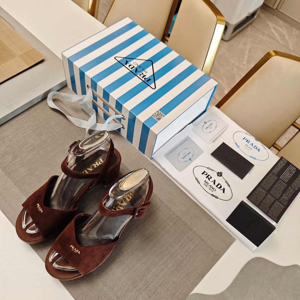 PRADA 26S HEELED SANDALS 65MM IN DARK BROWN SUEDE