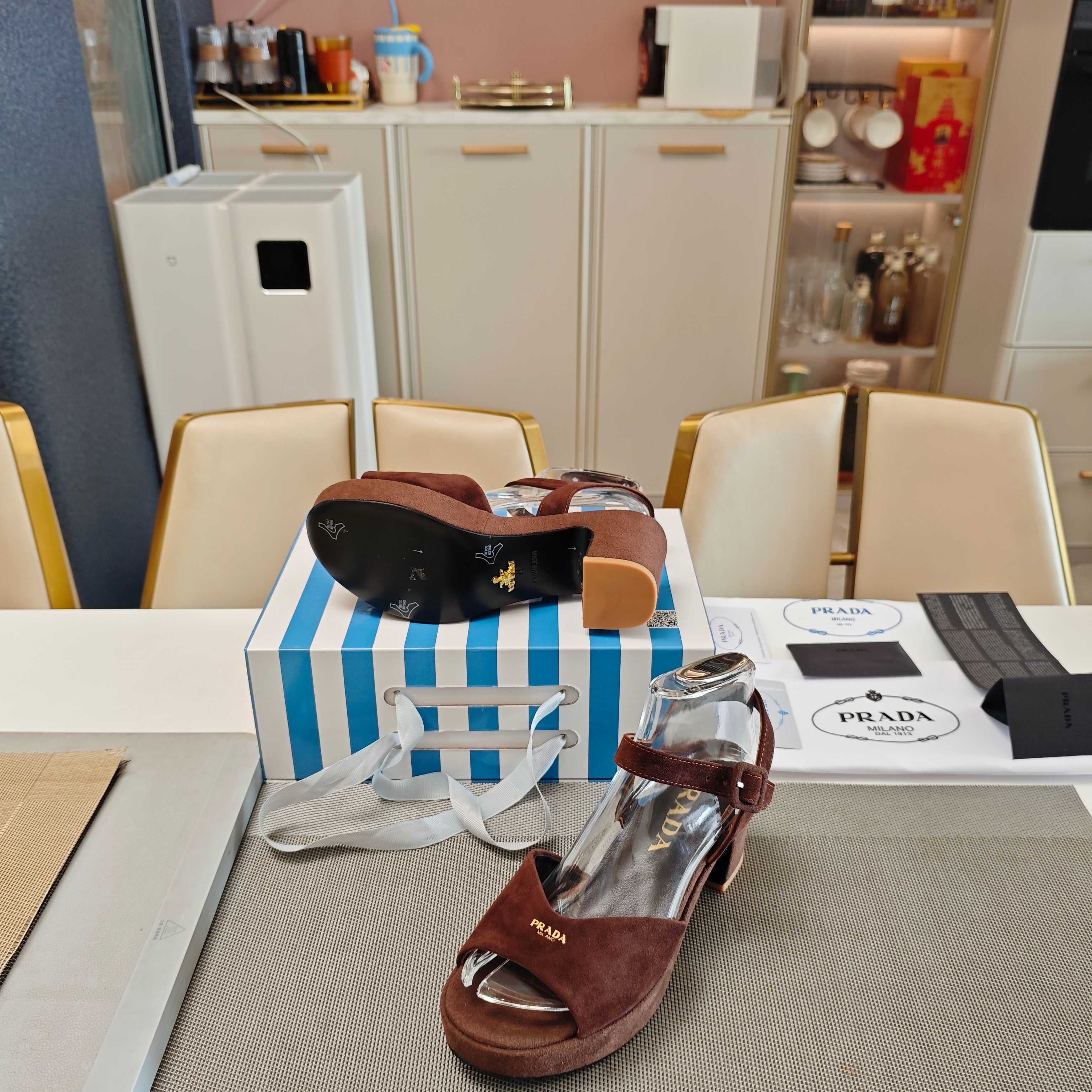 PRADA 26S HEELED SANDALS 65MM IN DARK BROWN SUEDE