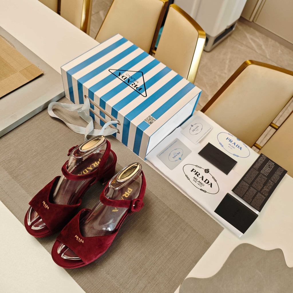 PRADA 26S HEELED SANDALS 65MM IN BURGUNDY RED SUEDE