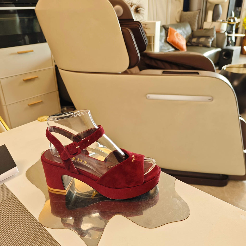 PRADA 26S HEELED SANDALS 65MM IN BURGUNDY RED SUEDE