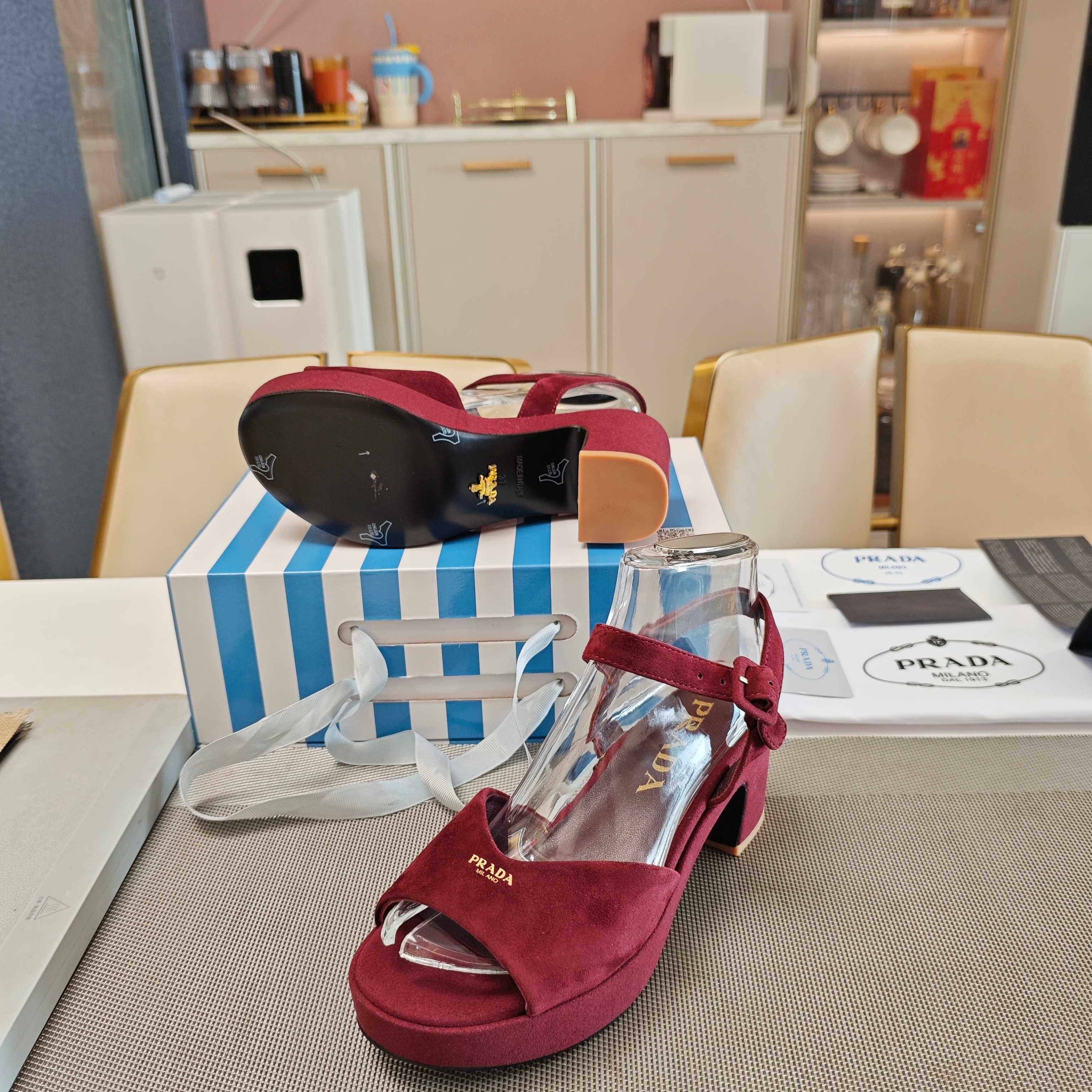 PRADA 26S HEELED SANDALS 65MM IN BURGUNDY RED SUEDE
