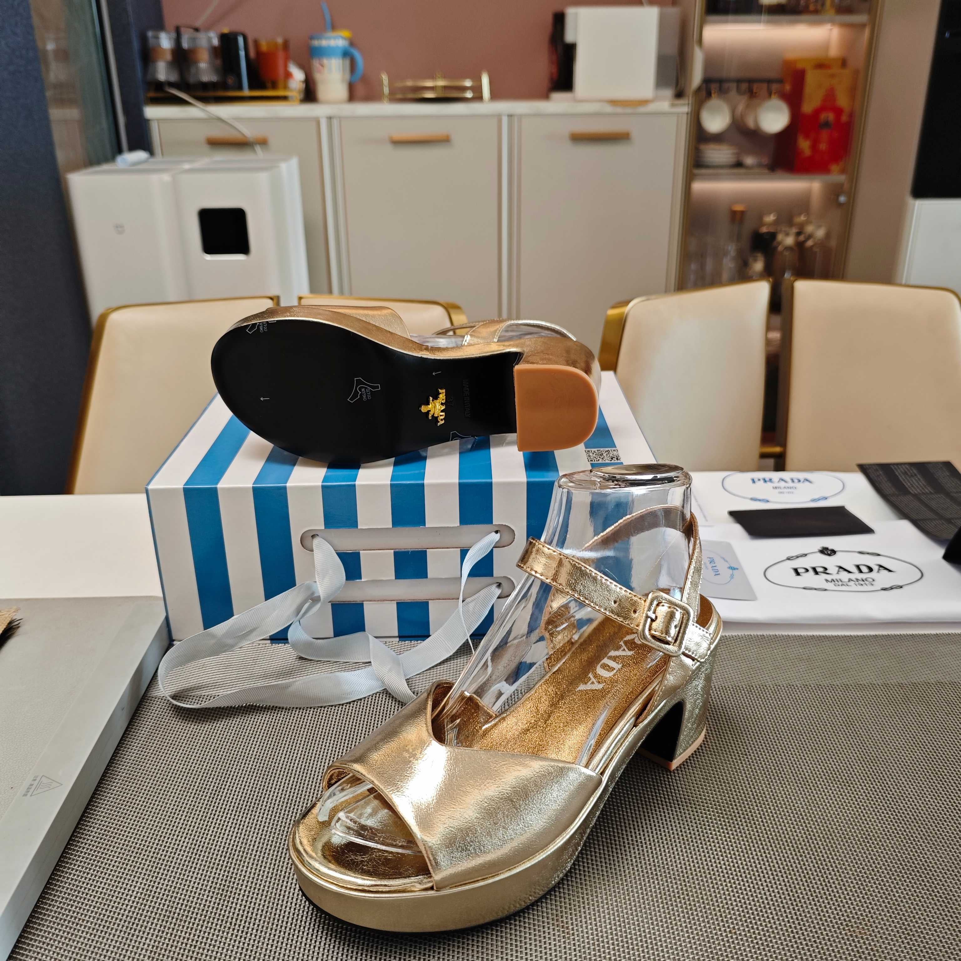 PRADA 26S HEELED SANDALS 65MM IN GOLD CALFSKIN