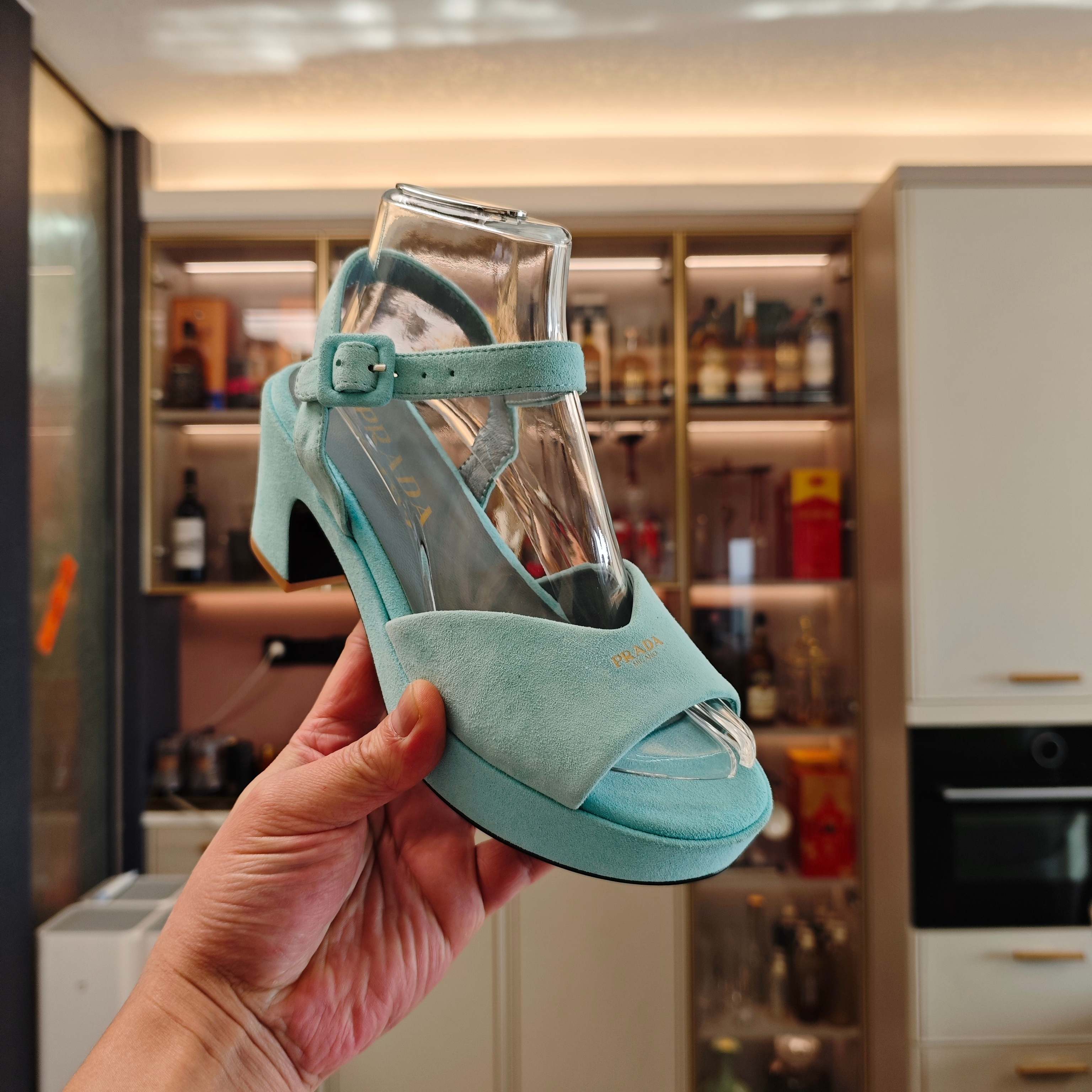 PRADA 26S HEELED SANDALS 65MM IN DUSTY TEAL BLUE SUEDE