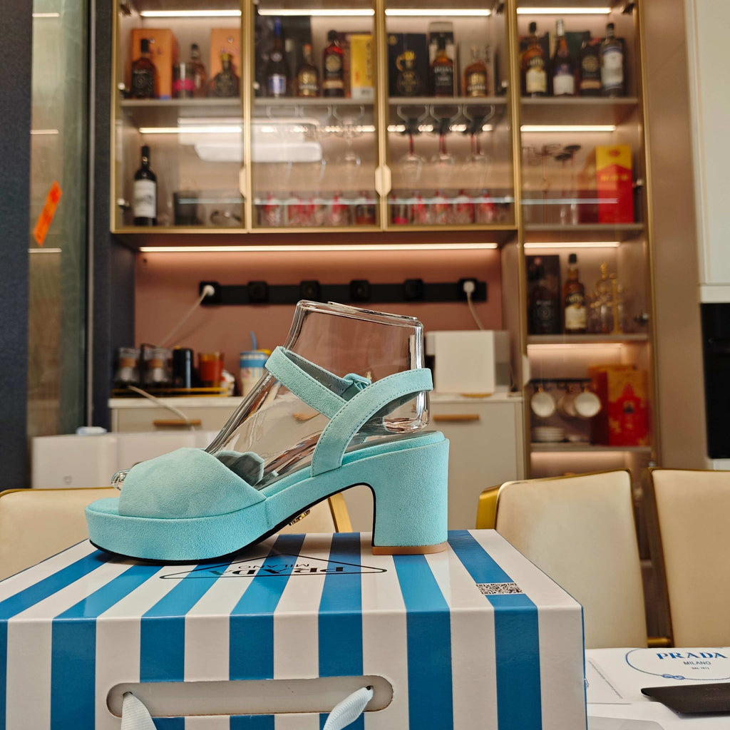 PRADA 26S HEELED SANDALS 65MM IN DUSTY TEAL BLUE SUEDE