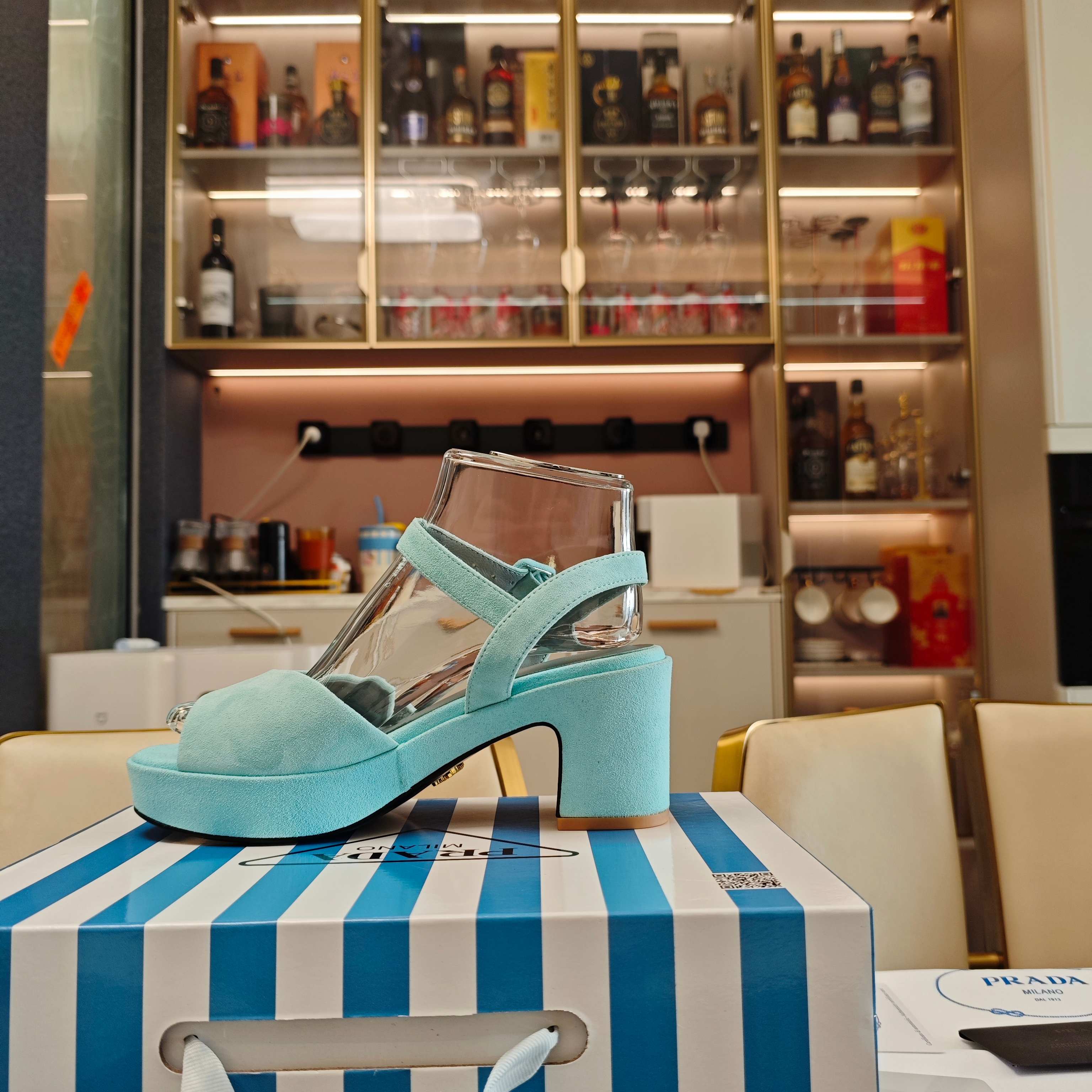 PRADA 26S HEELED SANDALS 65MM IN DUSTY TEAL BLUE SUEDE