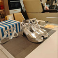 PRADA 26S HEELED SANDALS 65MM IN SILVER CALFSKIN