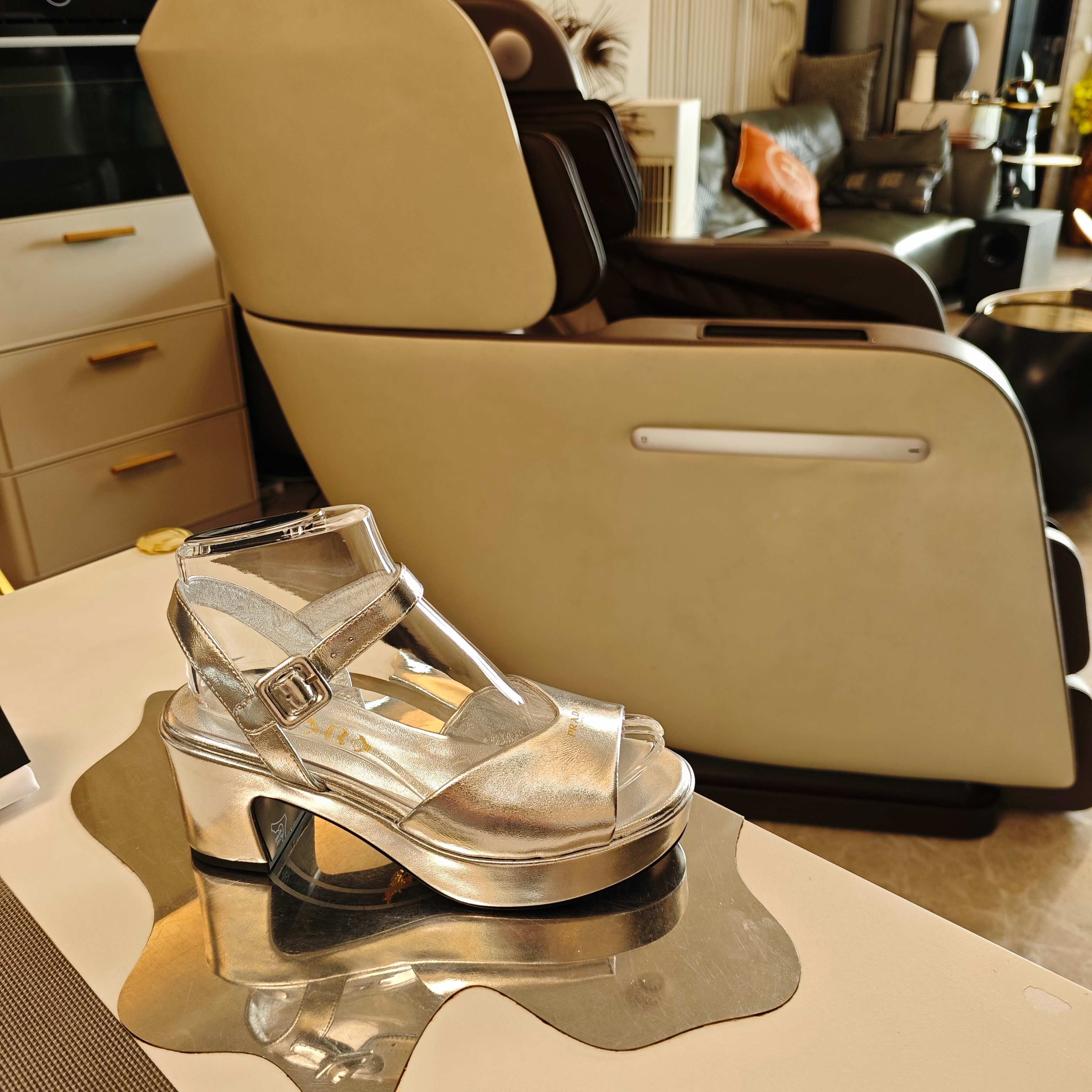 PRADA 26S HEELED SANDALS 65MM IN SILVER CALFSKIN