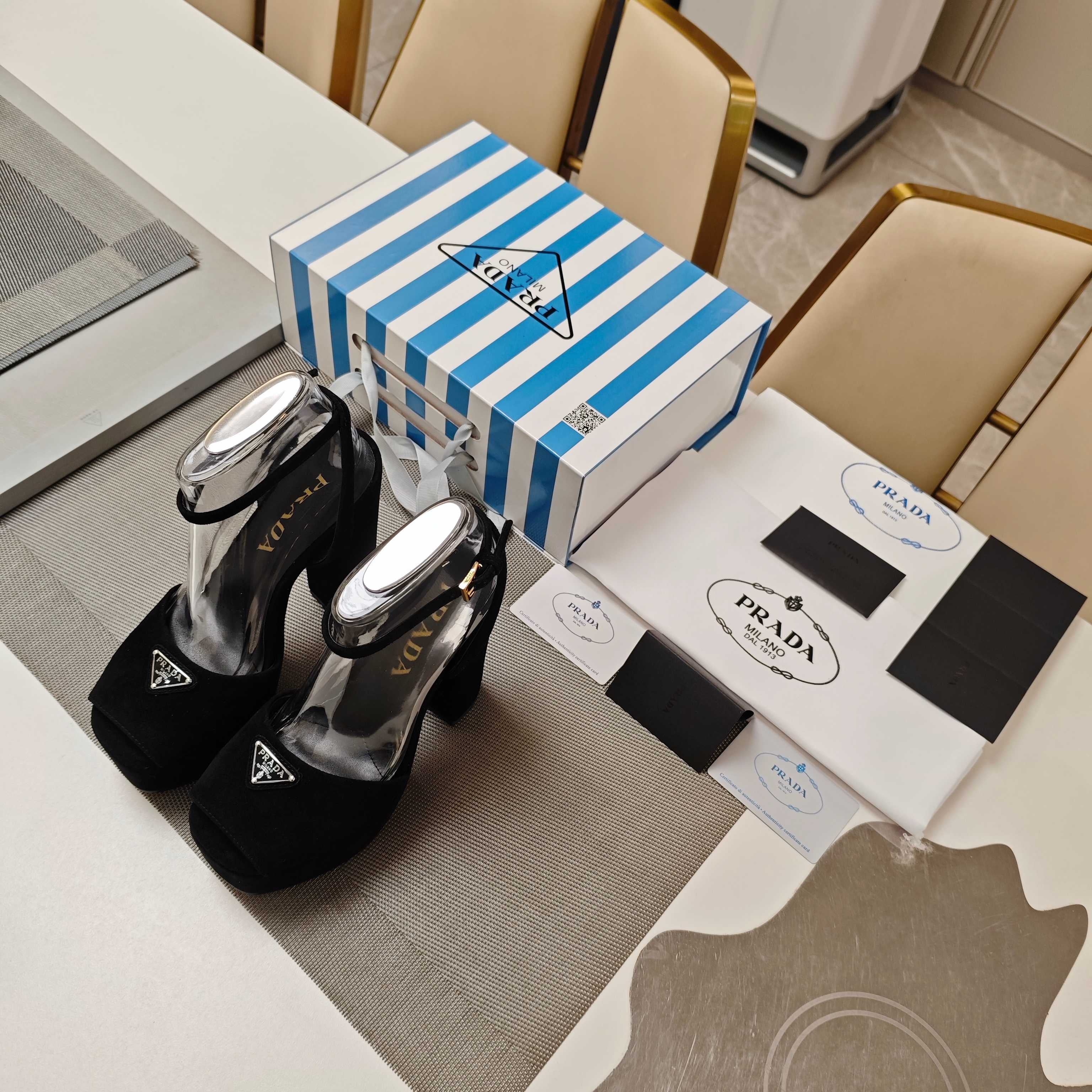 PRADA 26S HEELED SANDALS 135MM IN BLACK SUEDE