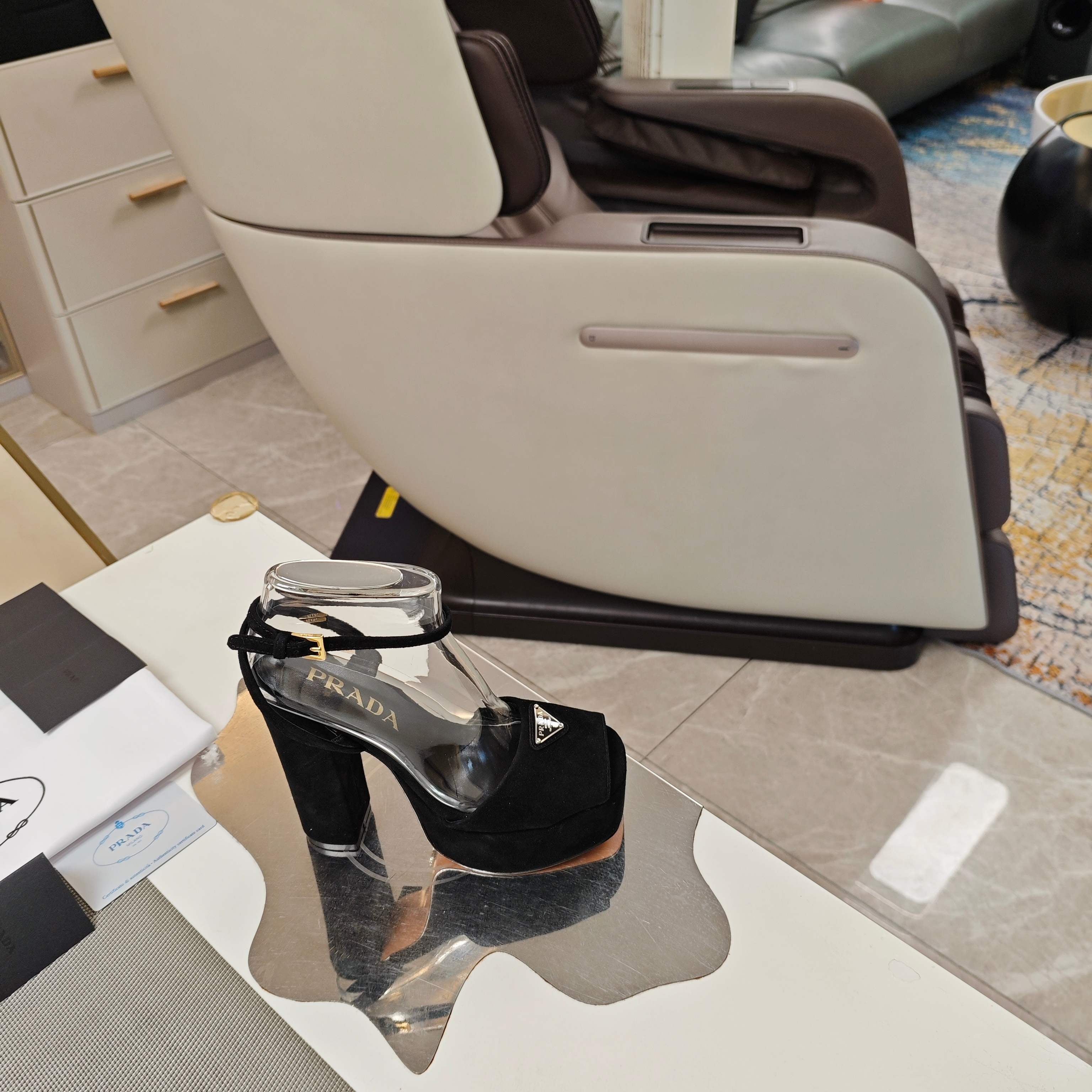 PRADA 26S HEELED SANDALS 135MM IN BLACK SUEDE