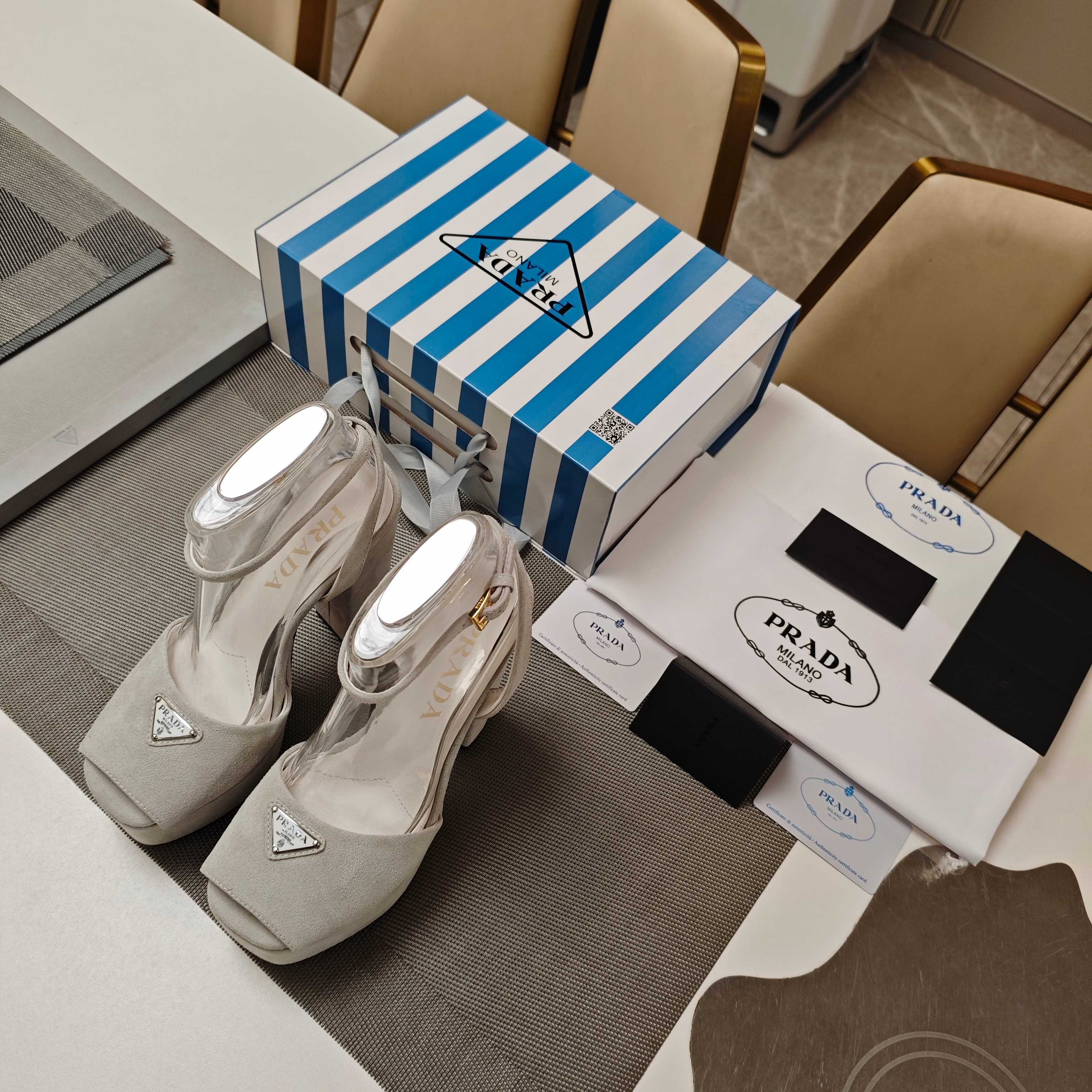 PRADA 26S HEELED SANDALS 135MM IN LIGHT GRAY SUEDE