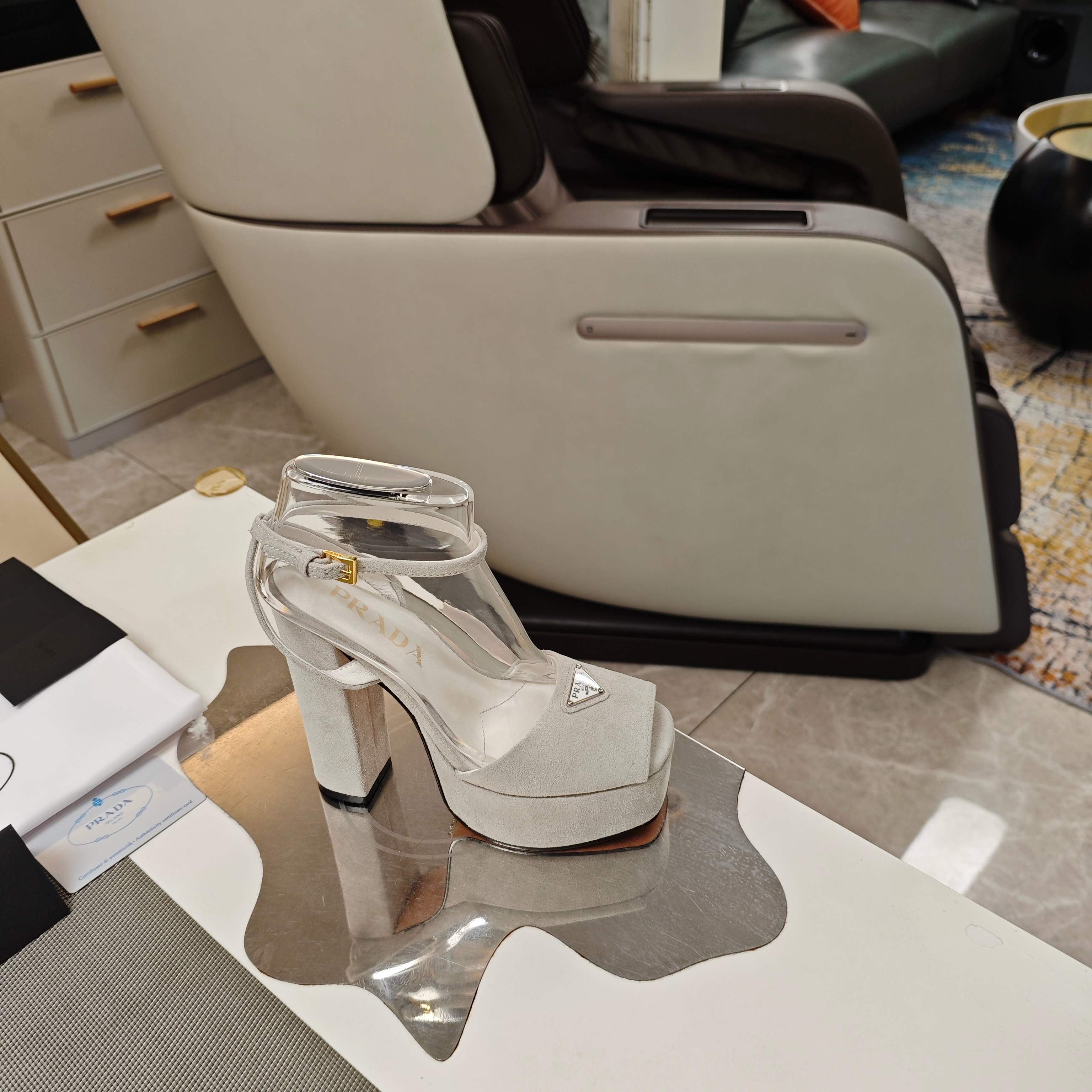 PRADA 26S HEELED SANDALS 135MM IN LIGHT GRAY SUEDE