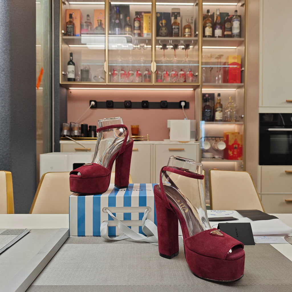 PRADA 26S HEELED SANDALS 135MM IN BURGUNDY RED SUEDE