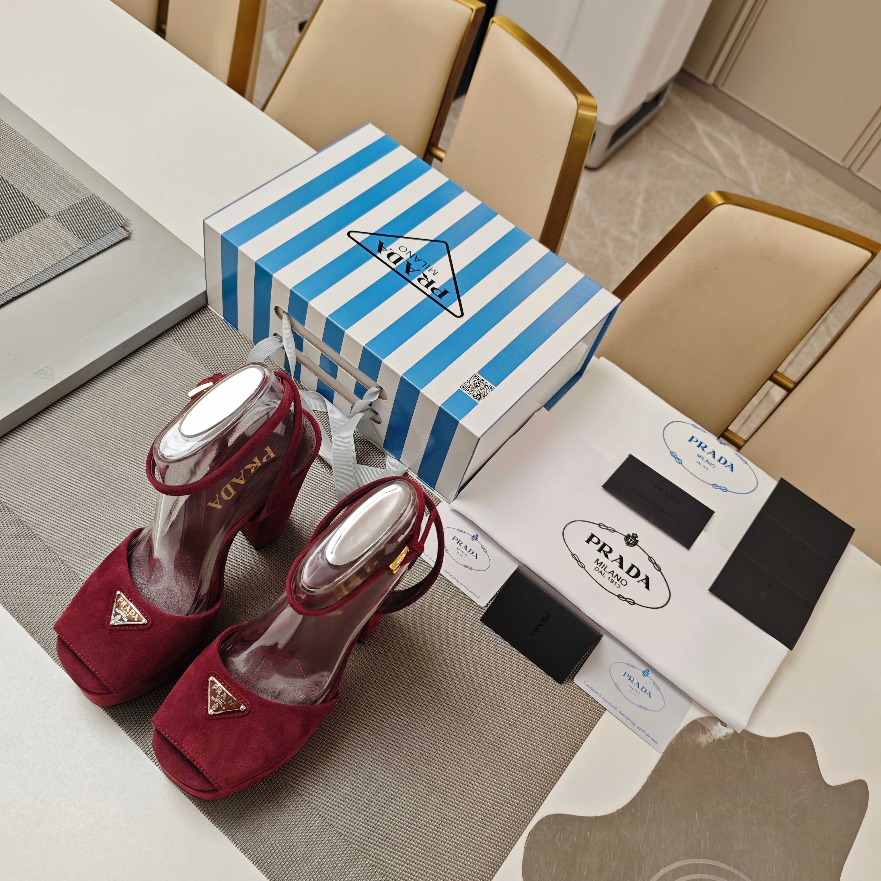 PRADA 26S HEELED SANDALS 135MM IN BURGUNDY RED SUEDE