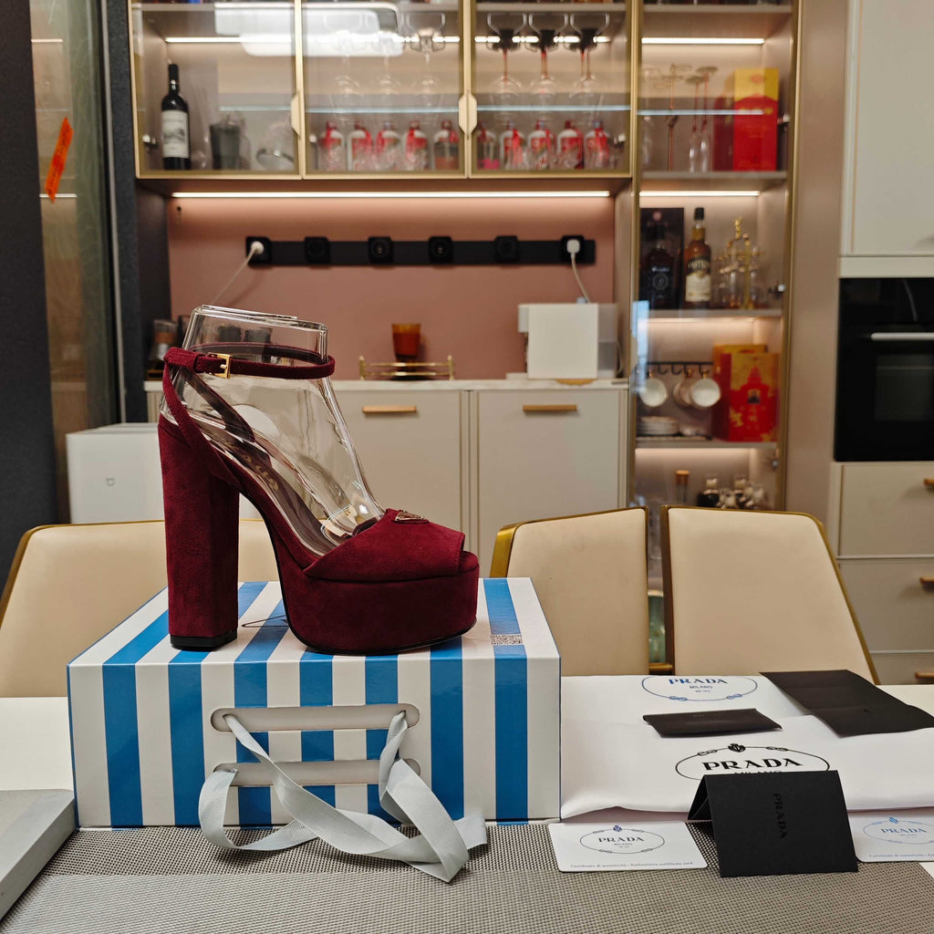 PRADA 26S HEELED SANDALS 135MM IN BURGUNDY RED SUEDE