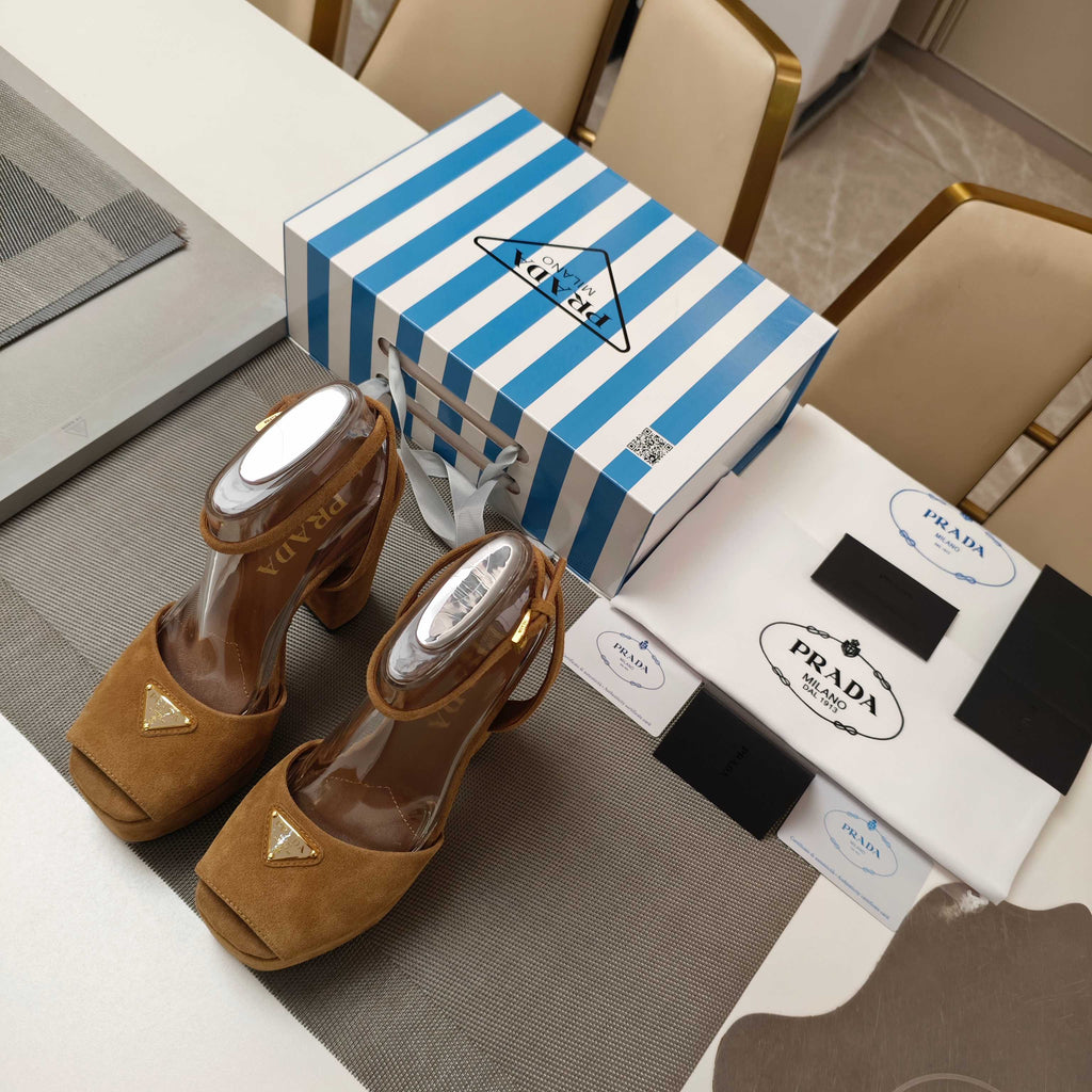 PRADA 26S HEELED SANDALS 135MM IN CARAMEL BROWN SUEDE