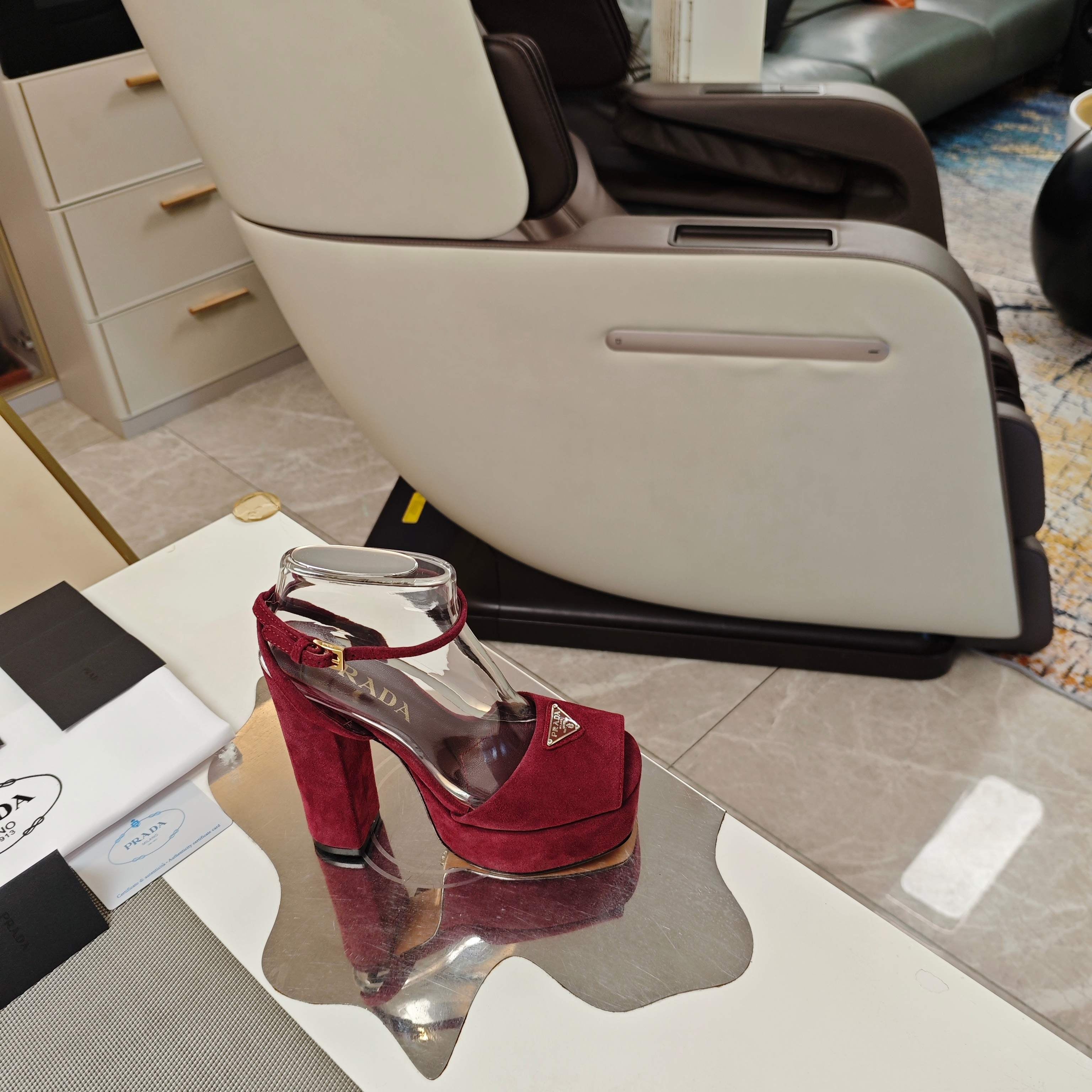 PRADA 26S HEELED SANDALS 135MM IN BURGUNDY RED SUEDE