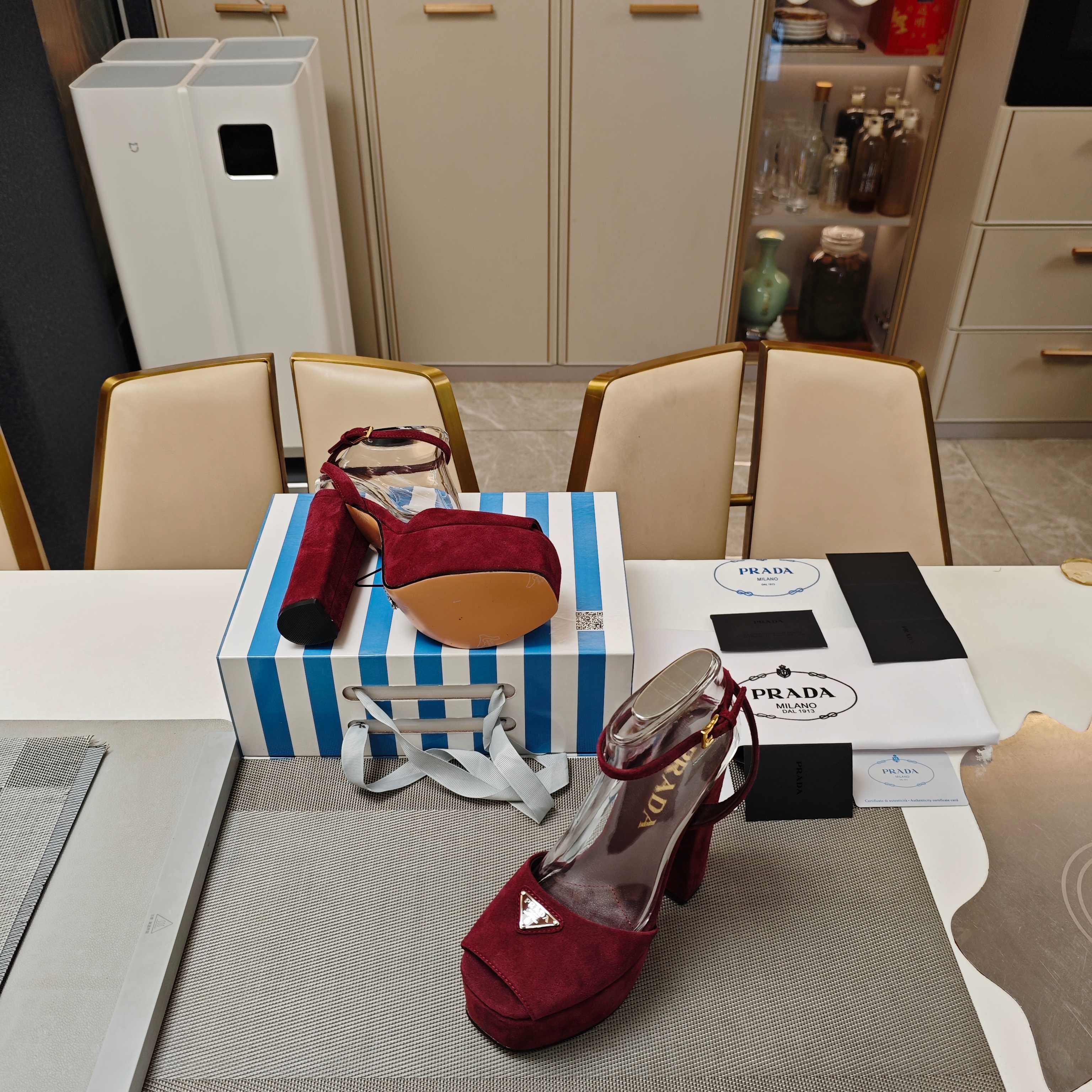 PRADA 26S HEELED SANDALS 135MM IN BURGUNDY RED SUEDE