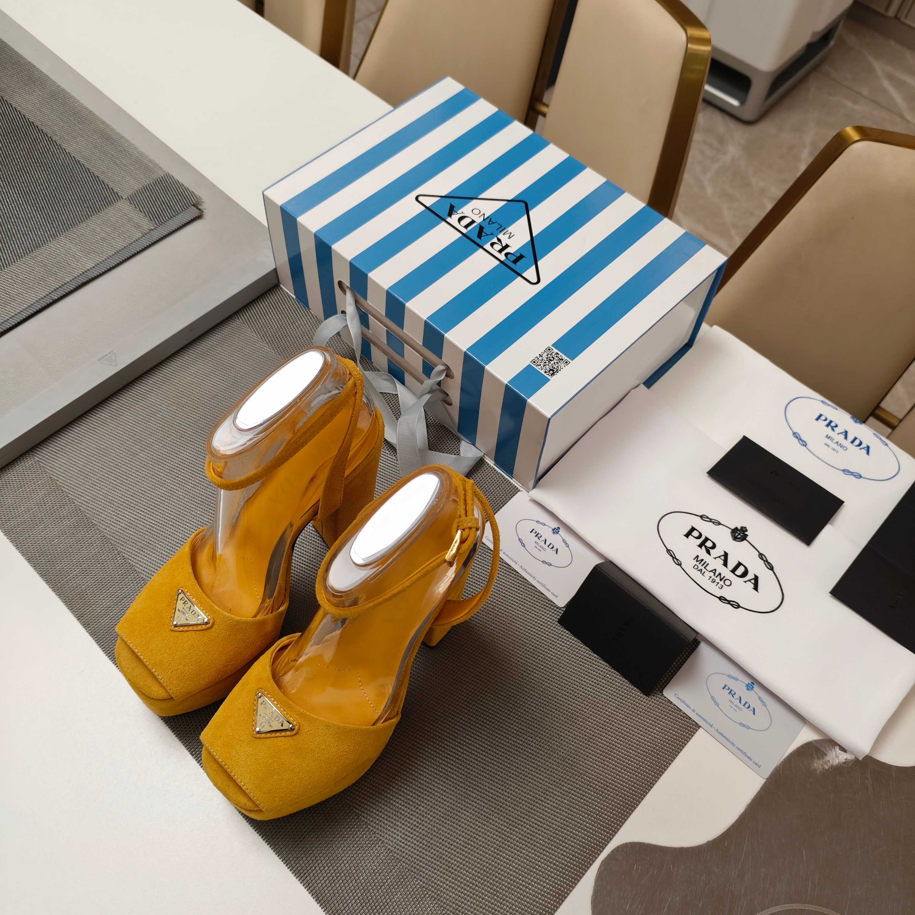 PRADA 26S HEELED SANDALS 135MM IN GOLDEN YELLOW SUEDE