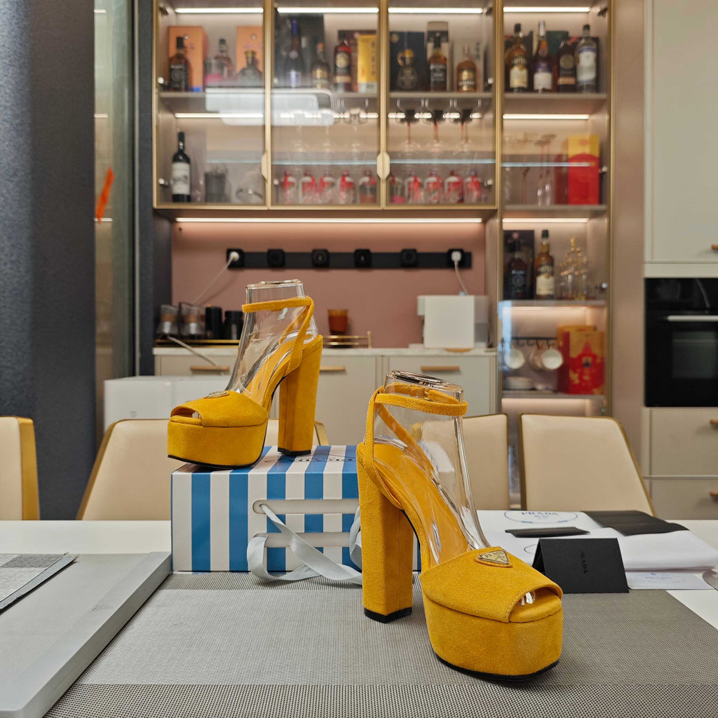 PRADA 26S HEELED SANDALS 135MM IN GOLDEN YELLOW SUEDE