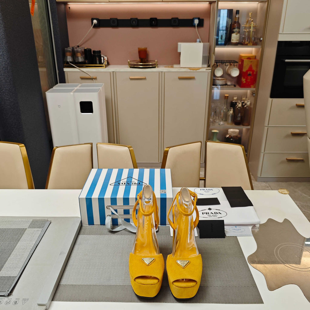 PRADA 26S HEELED SANDALS 135MM IN GOLDEN YELLOW SUEDE