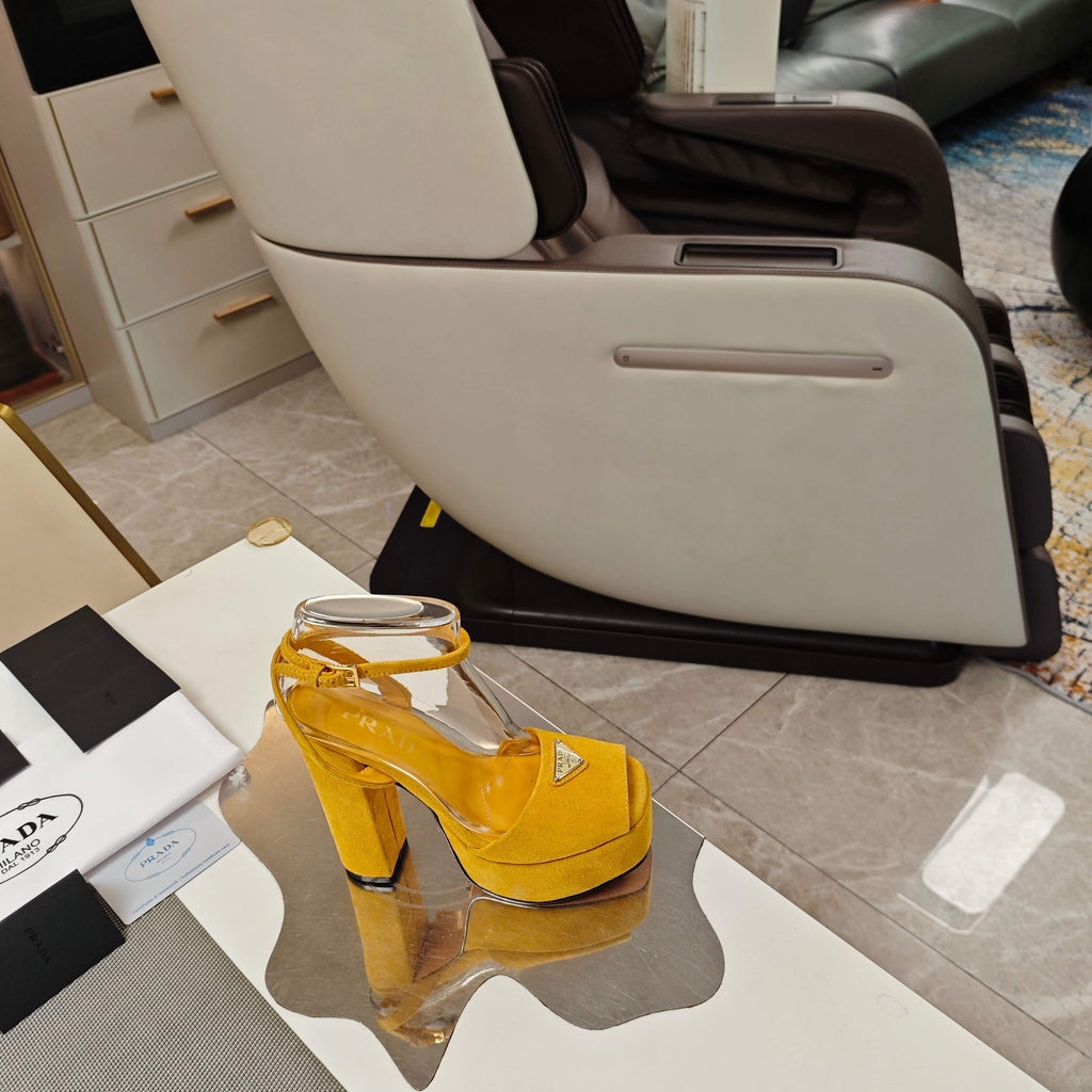 PRADA 26S HEELED SANDALS 135MM IN GOLDEN YELLOW SUEDE