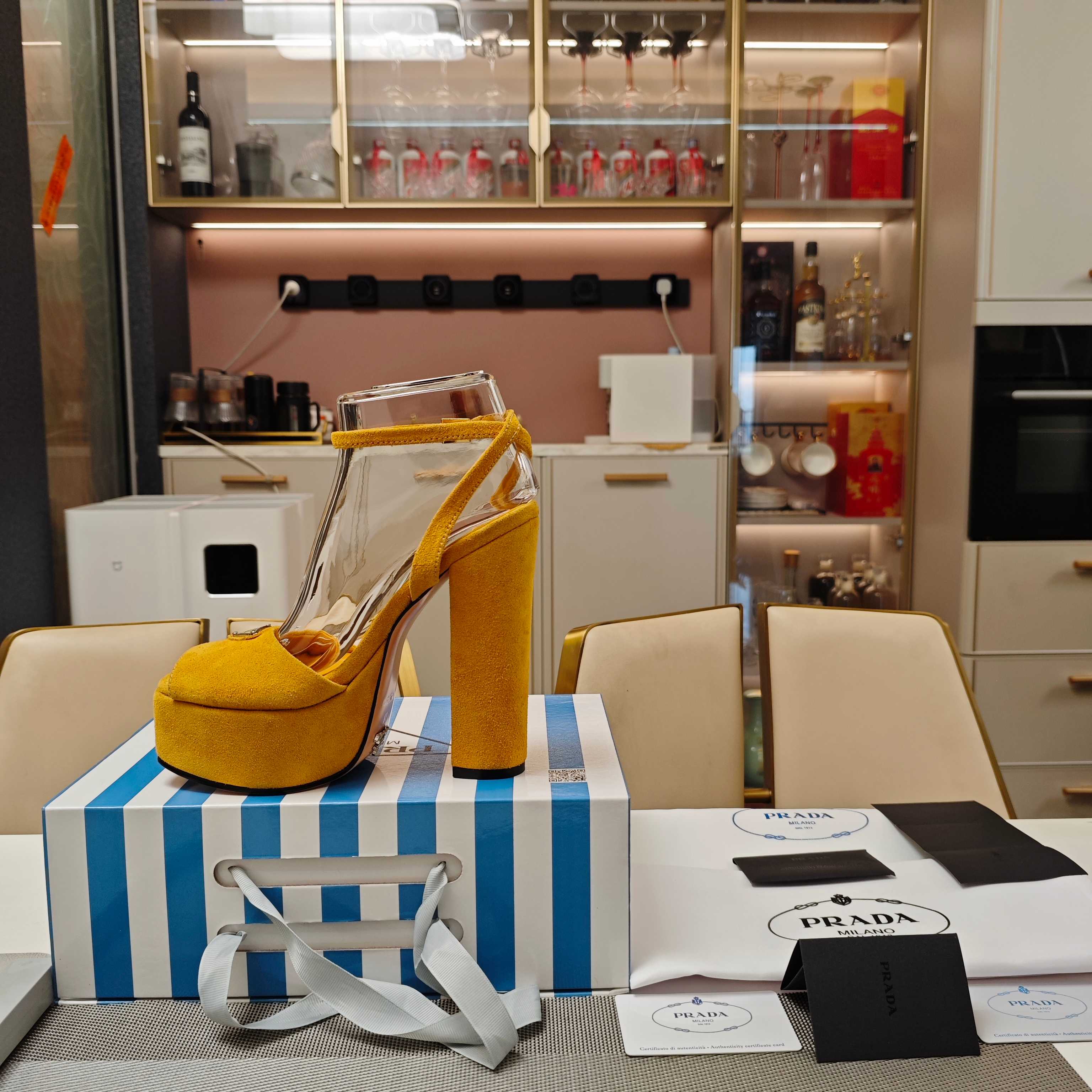 PRADA 26S HEELED SANDALS 135MM IN GOLDEN YELLOW SUEDE