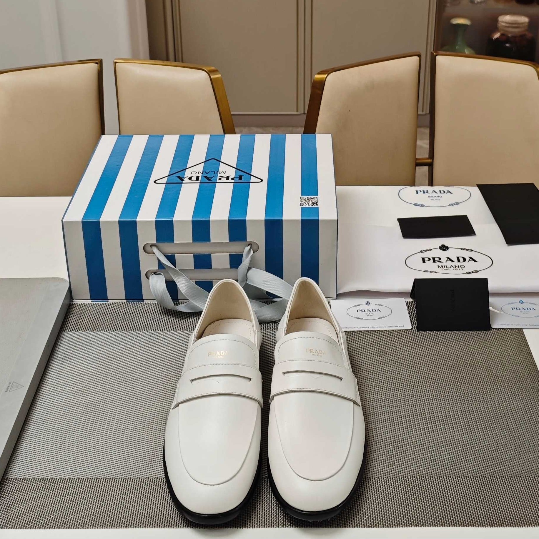 PRADA 26S LOAFERS 20MM IN CREAM WHITE CALFSKIN