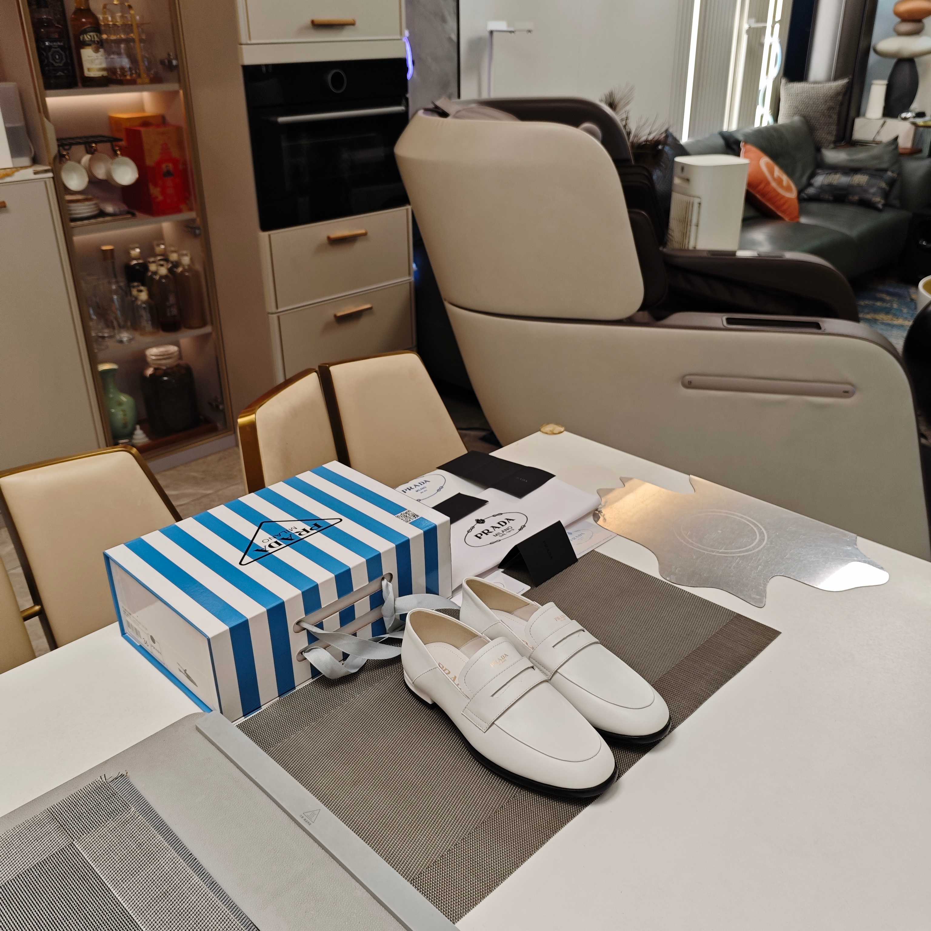 PRADA 26S LOAFERS 20MM IN CREAM WHITE CALFSKIN