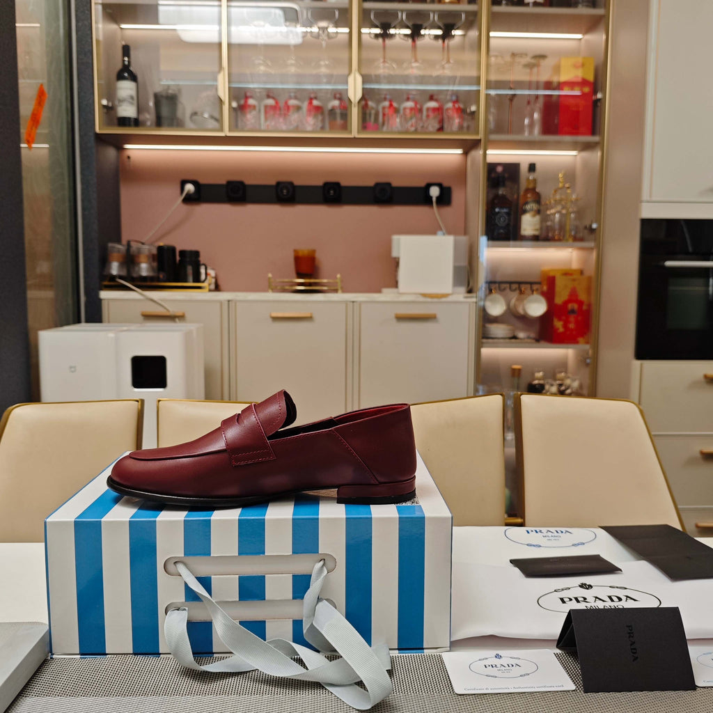 PRADA 26S LOAFERS 20MM IN BURGUNDY RED CALFSKIN